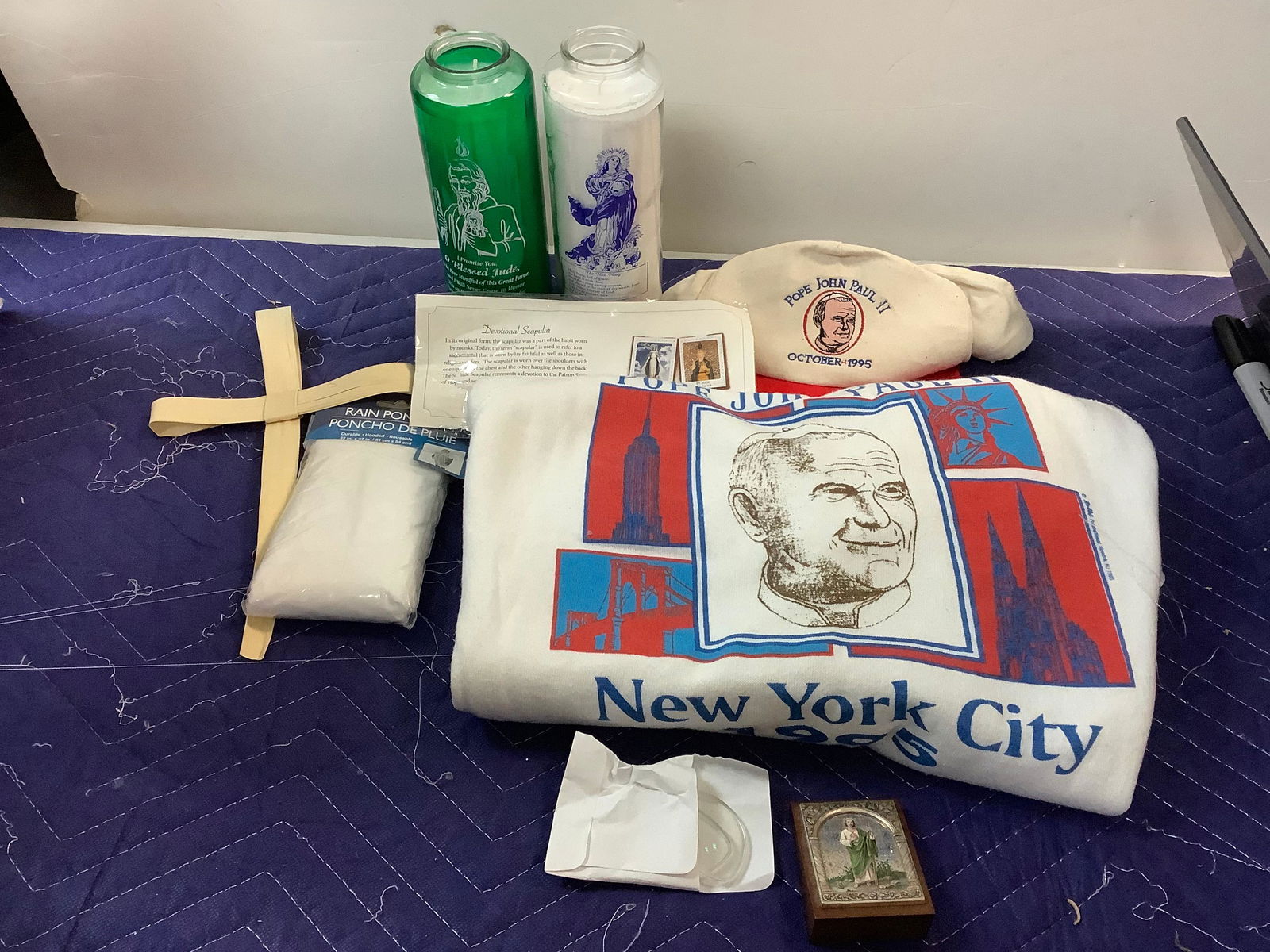 Lot of Pope John Paul II Sweatshirt, Hat, Religious Candles and More: Lot of Pope John Paul II Sweatshirt, Hat, Religious Candles and More