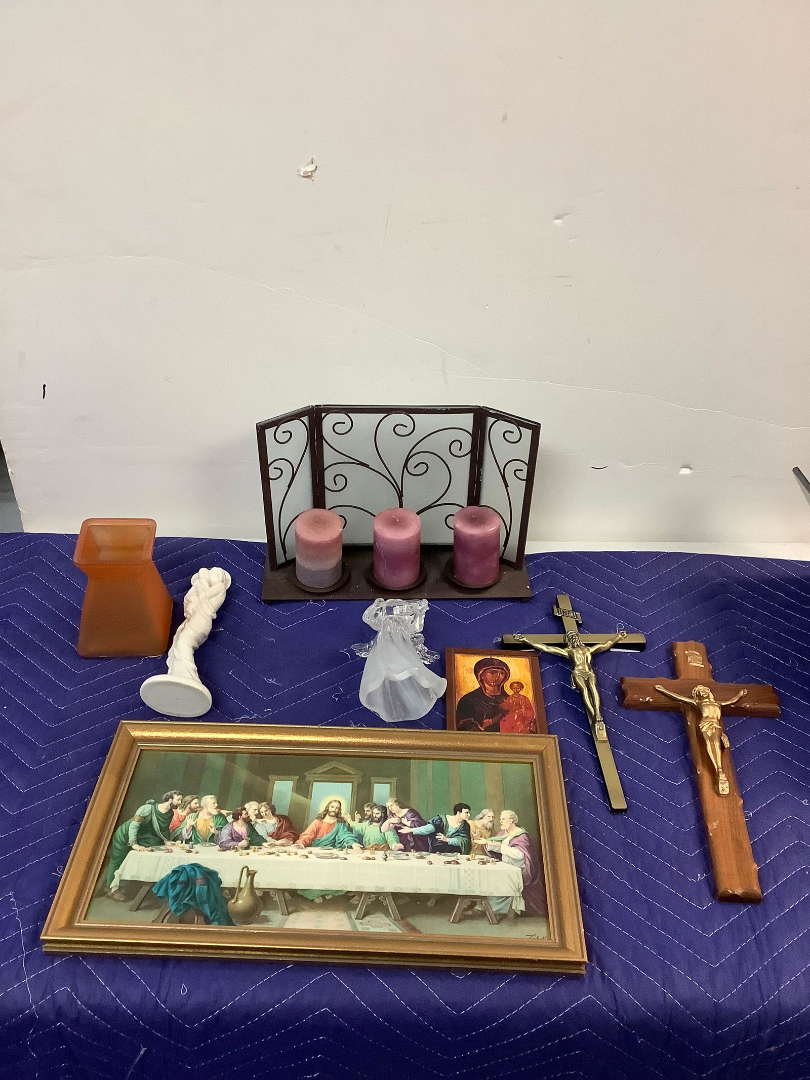 Lot of Crosses, The Last Supper Picture, Angel Figure, Metal Candle Holder and More: Lot of Crosses, The Last Supper Picture, Angel Figure, Metal Candle Holder and More