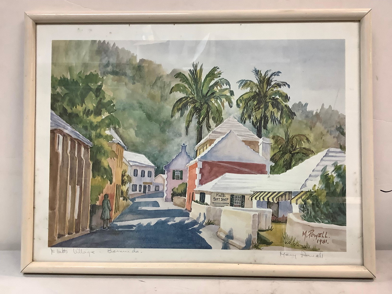 Framed picture signed by Mary Powell 1981(flatts village bermuda) 14x18in.: Framed picture signed by Mary Powell 1981(flatts village bermuda) 14x18in.