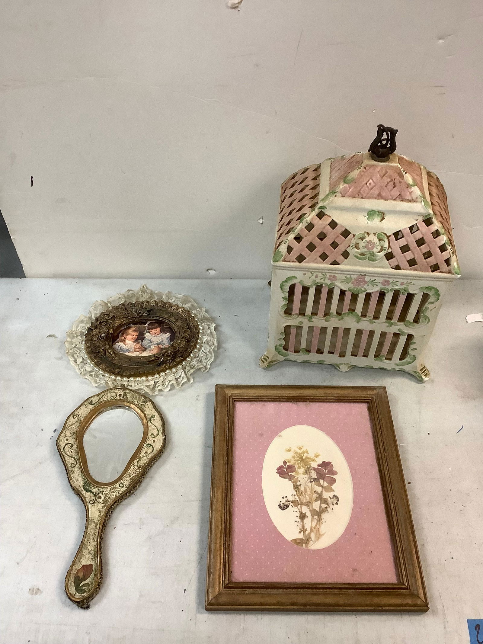 Lot of porcelain bird house, vintage hand mirror and 2 vintage pictures (1 of 1)