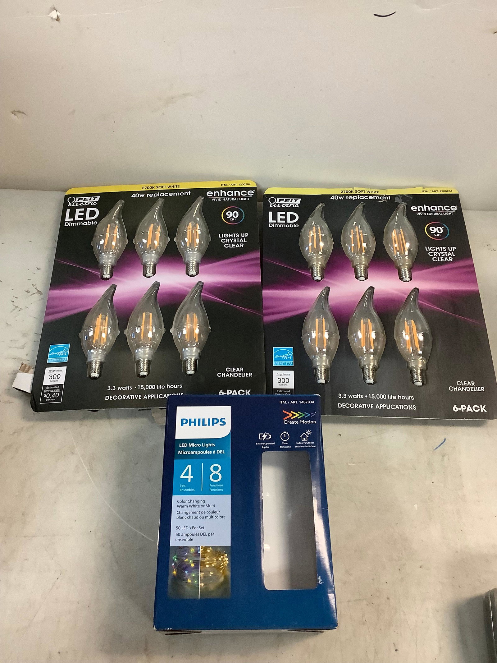Lot of 2 New Feit LED Dimmable 40W Replacement Soft White Bulbs and Philips LED Micro Lights: Lot of 2 New Feit LED Dimmable 40W Replacement Soft White Bulbs and Philips LED Micro Lights