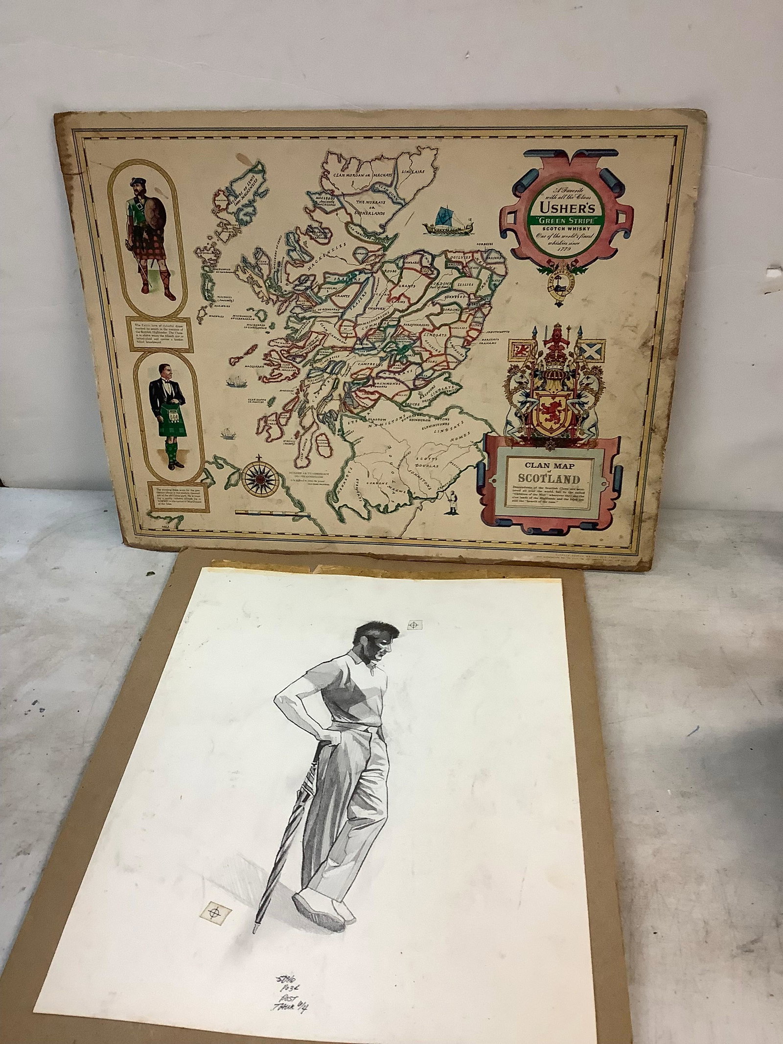 map of Scotland and drawing of a man with umbrella: map of Scotland and drawing of a man with umbrella