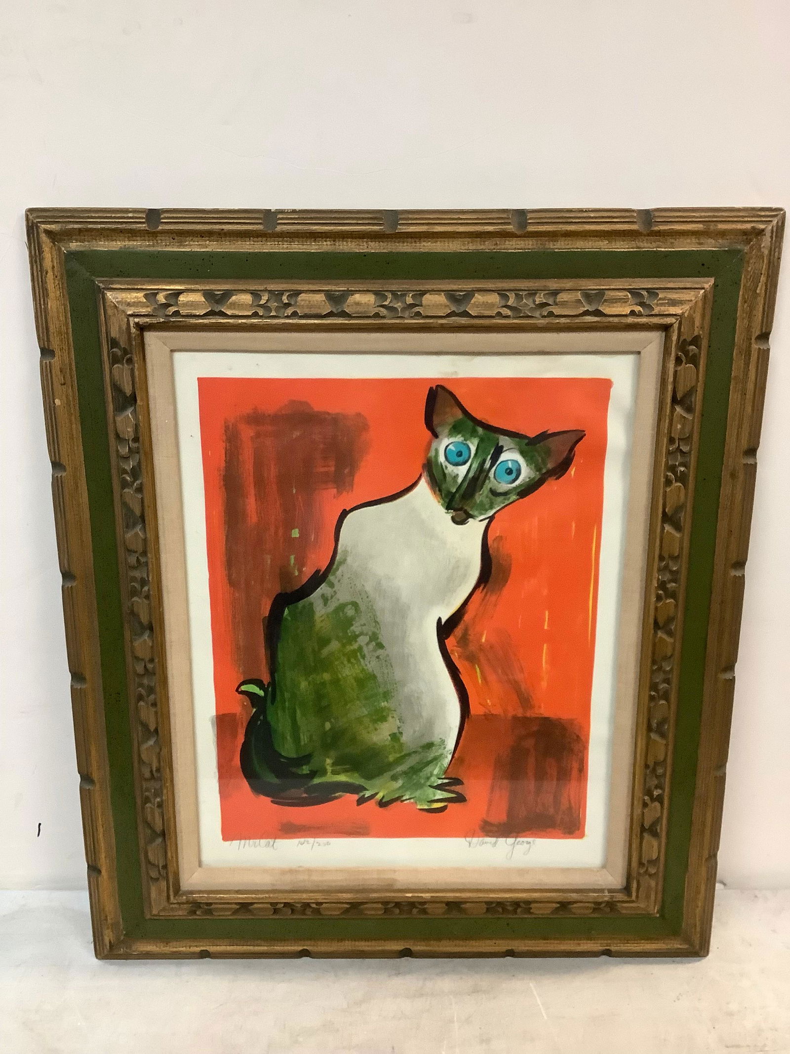 Framed Vintage Pencil Signed David George Numbered 142/250 "Mr Cat" Picture 28.75x25 (1 of 1)