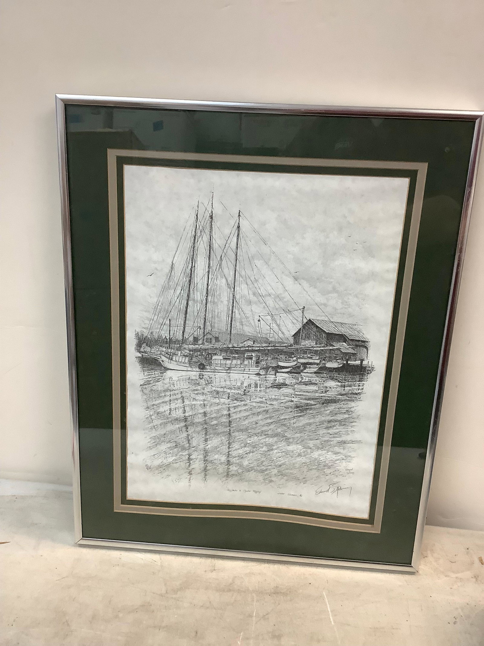 Framed Signed Edmund S. Spinney "Skipjacks in Oyster Rigging" Winter, Solomons, Md. Pencil Drawing (1 of 1)