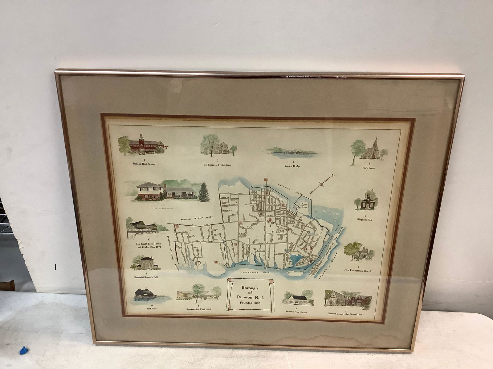Vintage framed Borough of Rumson N.J. map 21.25''x25'' (1 of 1)