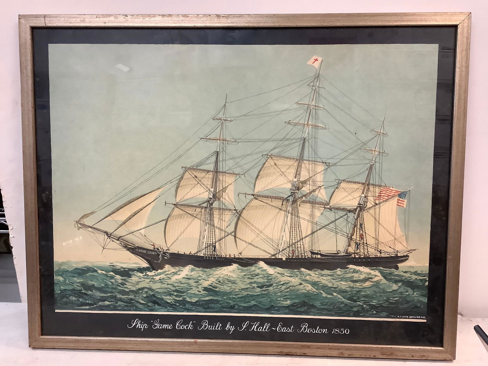 Framed print ship game cock built by j hall east boston 1850 20.5''x26'' (1 of 1)