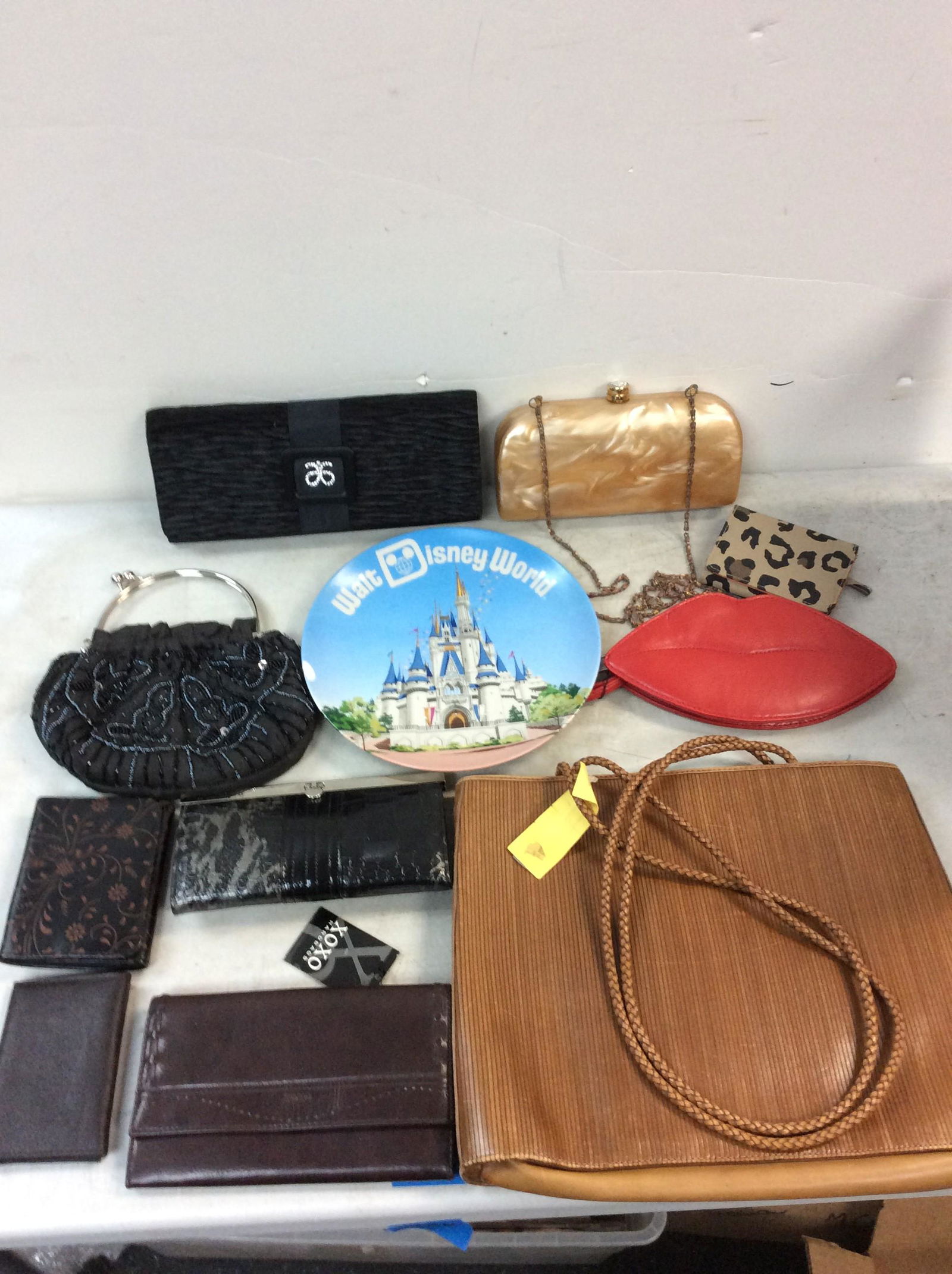 Brown Handbag, Walt Disney plate (made in Japan), small handbags, Sephora lip makeup bag, wallets (1 of 1)