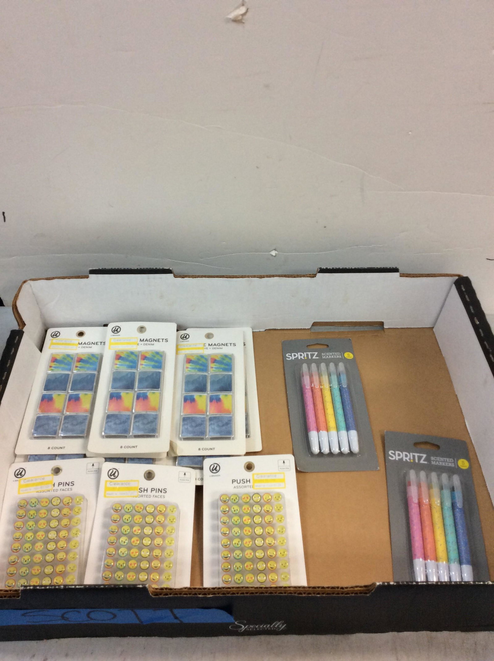 Lot of 10 packs of tie die + denim magnets, assorted emoji push pins and SPRITZ scented markers: Lot of 10 packs of tie die + denim magnets, assorted emoji push pins and SPRITZ scented markers