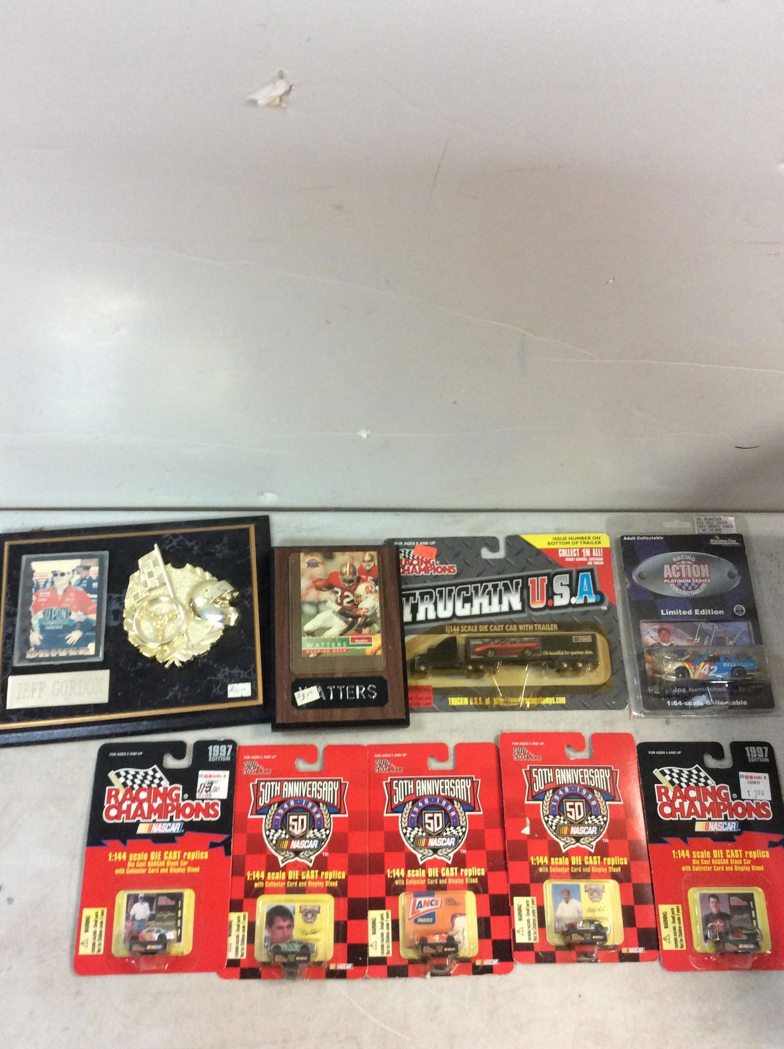 NASCAR car replicas with collector card and display stand, truck replica, Jeff Gordon and Watters (1 of 1)
