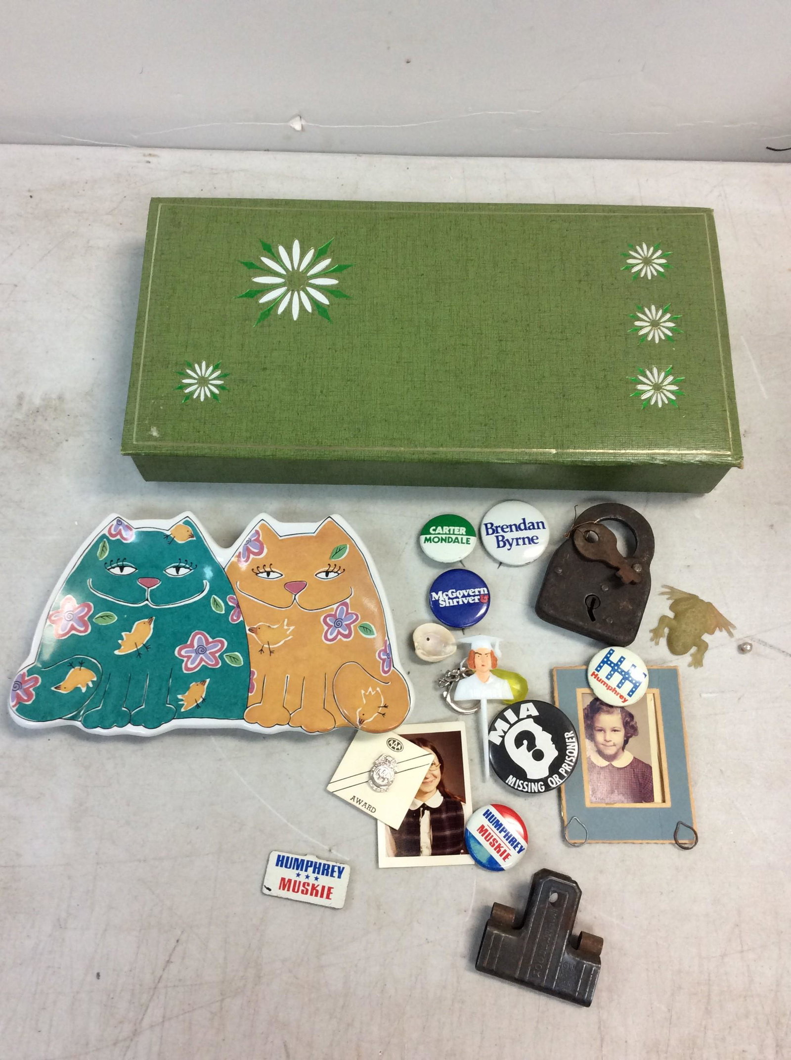 Lot of pins, cat tray and old lock with key (1 of 1)