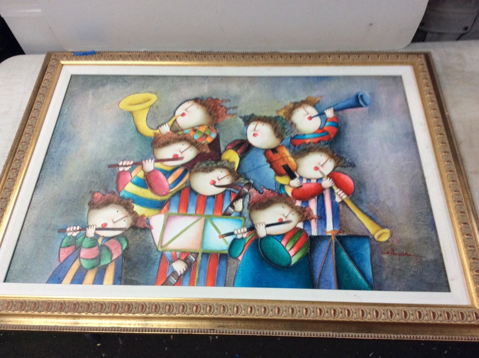 Framed signed painting kids playing instruments 31in.x43in.: Framed signed painting kids playing instruments 31in.x43in.