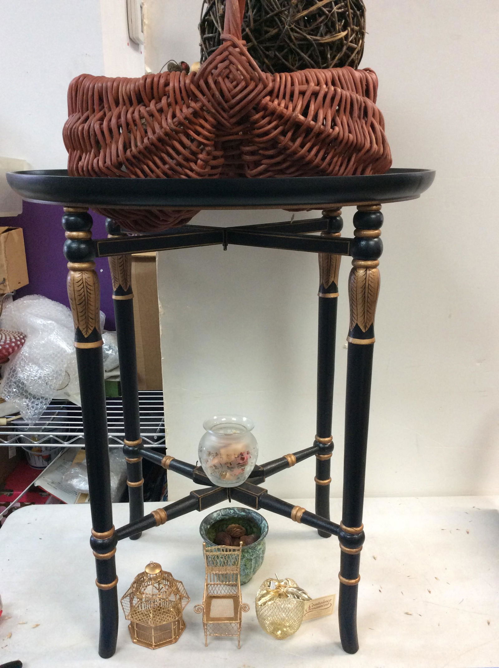 Lot of Wicker Basket, genuine hand-crafted lacquered ball, decorative glass candle holder, small (1 of 1)