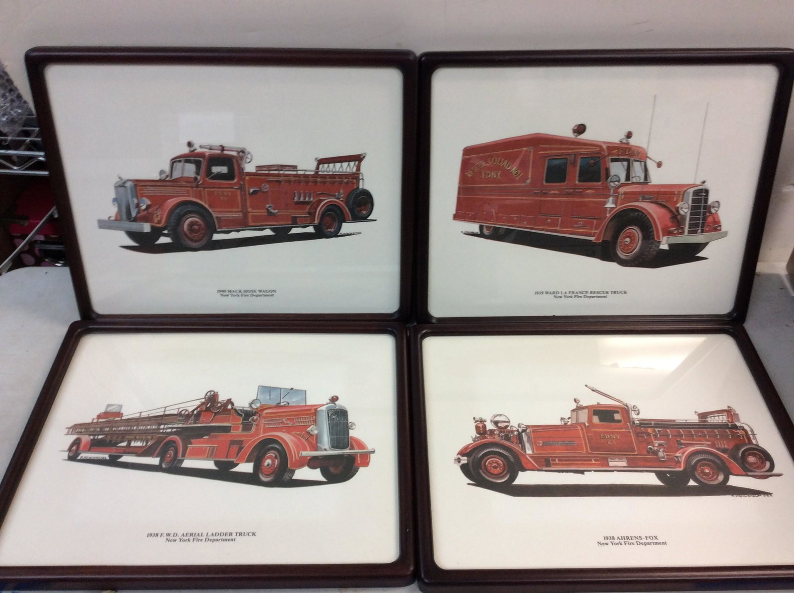4 signed R. HENDERSON NYFD fire truck drawings 12in x 15in: 4 signed R. HENDERSON NYFD fire truck drawings 12in x 15in