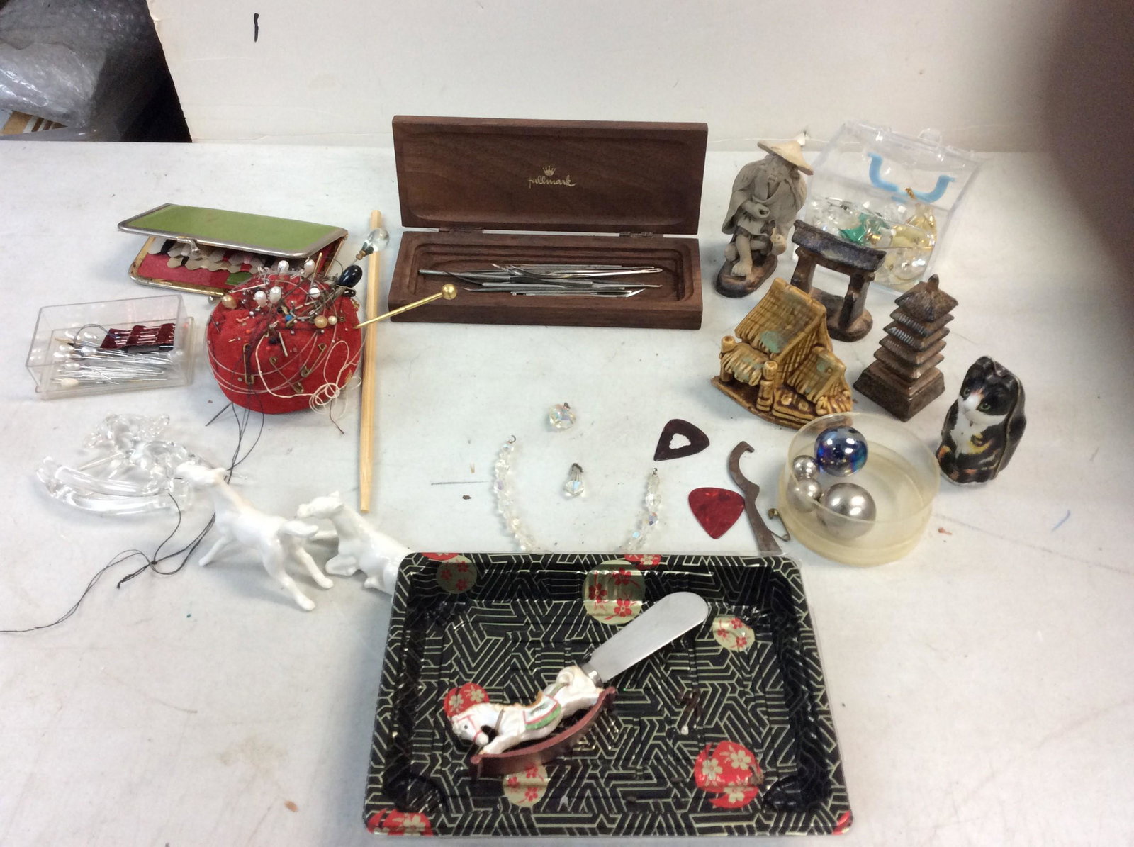Lot of hat pins, sewing travel kit, figurines, costume jewlery and more: Lot of hat pins, sewing travel kit, figurines, costume jewlery and more