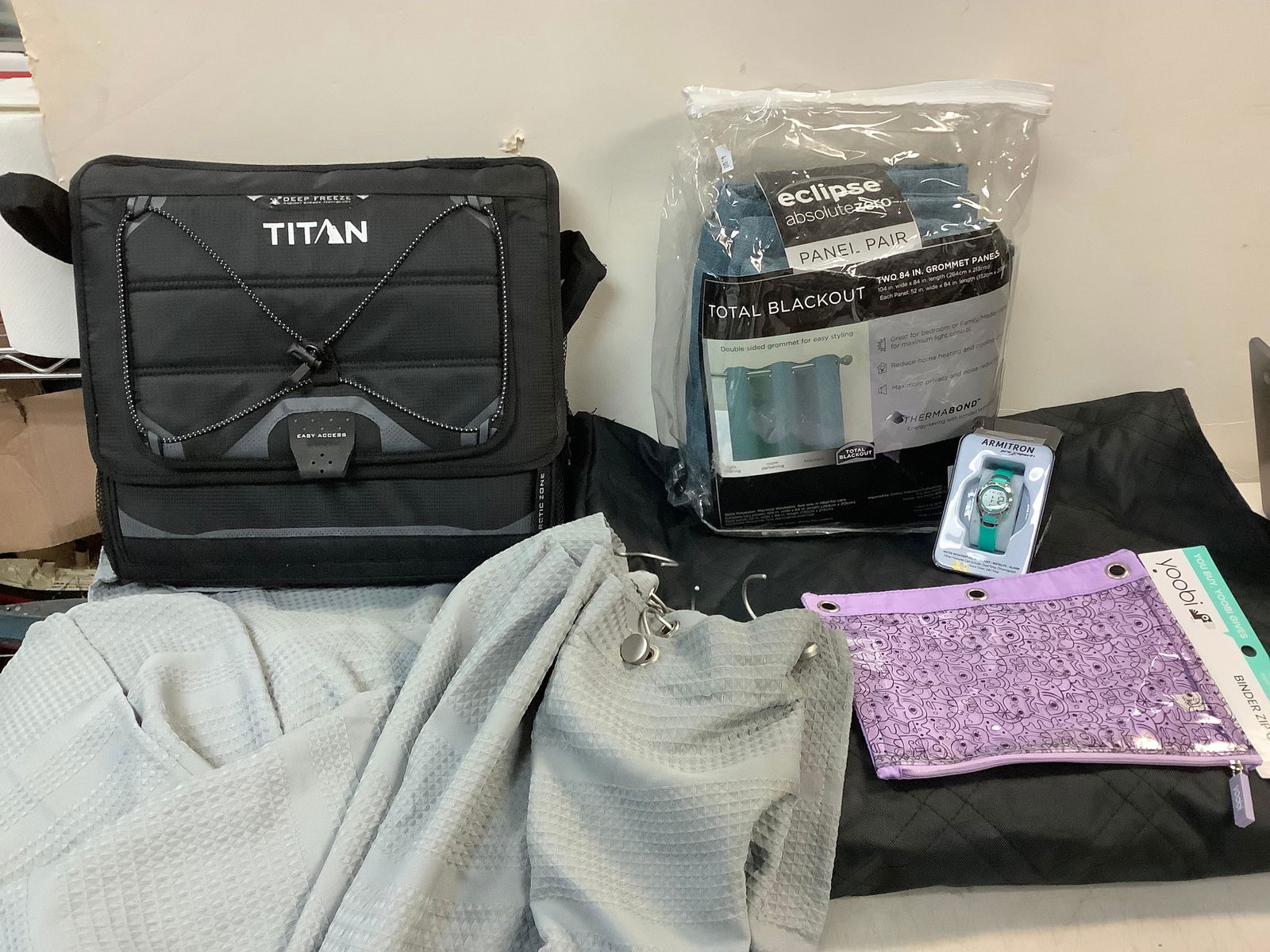 Lot of ARMITRON PRO SPORT watch, total blackout curtains with hooks, black laptop bag and more: Lot of ARMITRON PRO SPORT watch, total blackout curtains with hooks, black laptop bag and more