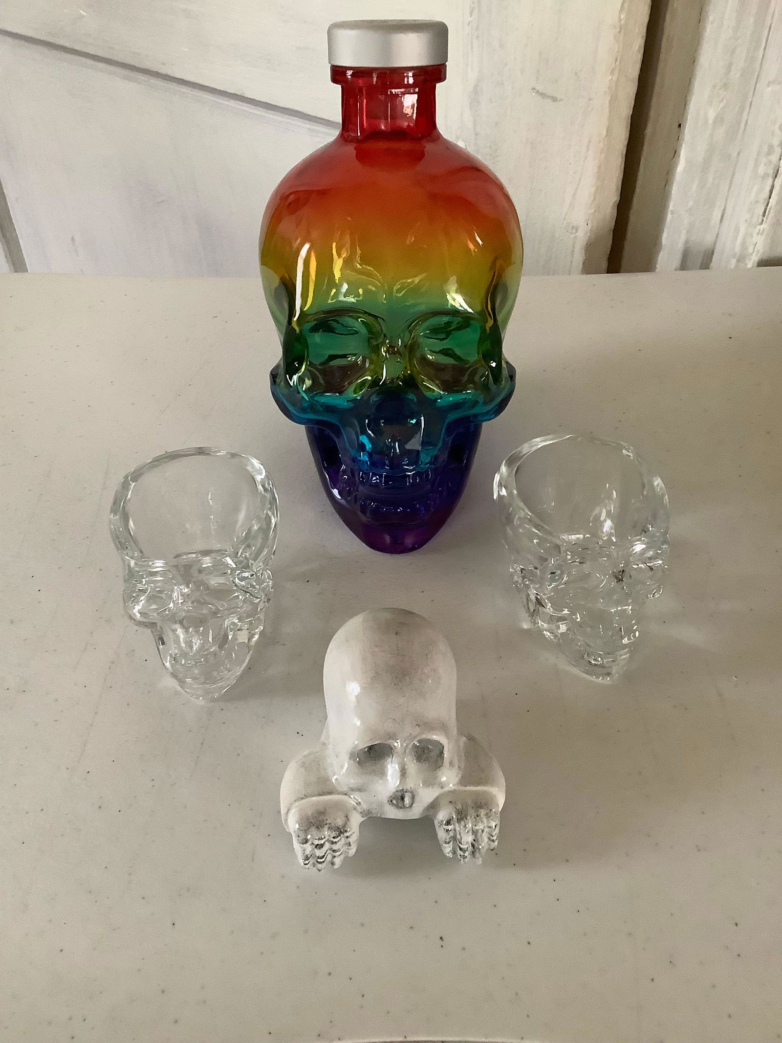 Lot of Skelton Bottle, Shot Glasses and Shelf Decor (1 of 1)