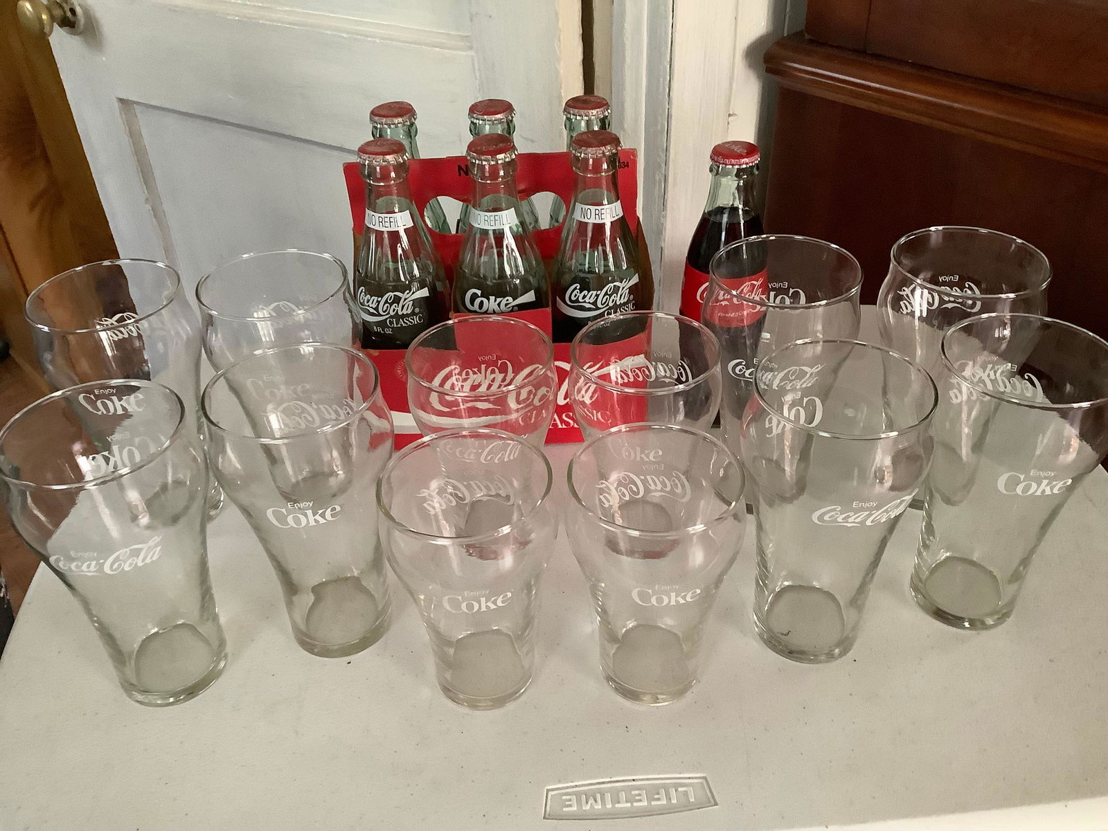 Lot of 12 Coca-Cola Glasses, Case of Glass Bottles (Empty) and Full Glass Coke Bottle (1 of 1)