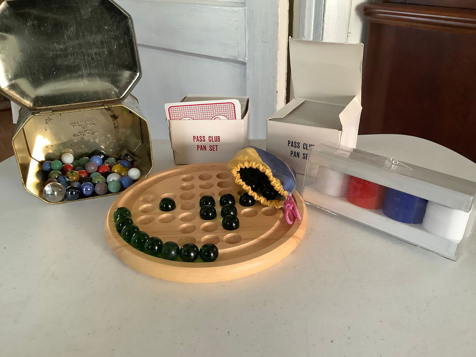 Lot of Vintage Marbles, Wooden Marble Game, Poker Chips and Playing Cards (1 of 1)