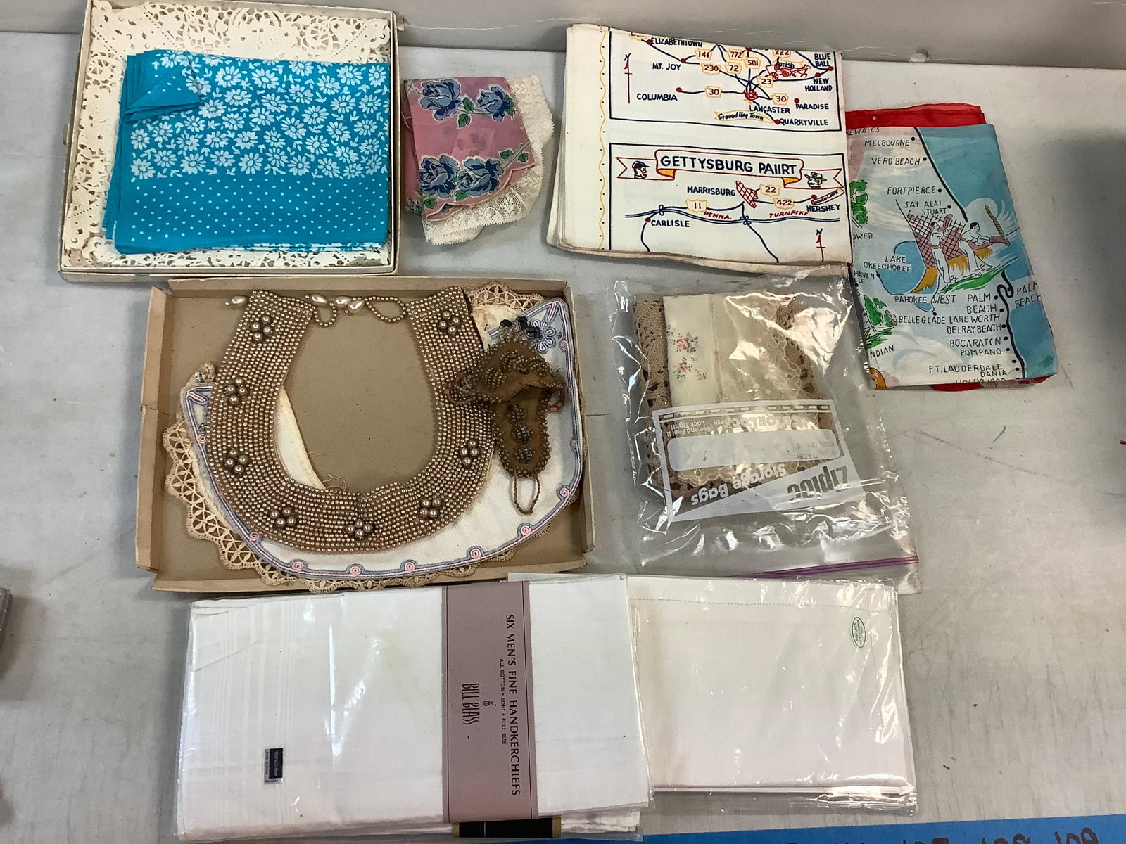 Lot of Silks and Handmade Doilies, Beads and More: Lot of Silks and Handmade Doilies, Beads and More