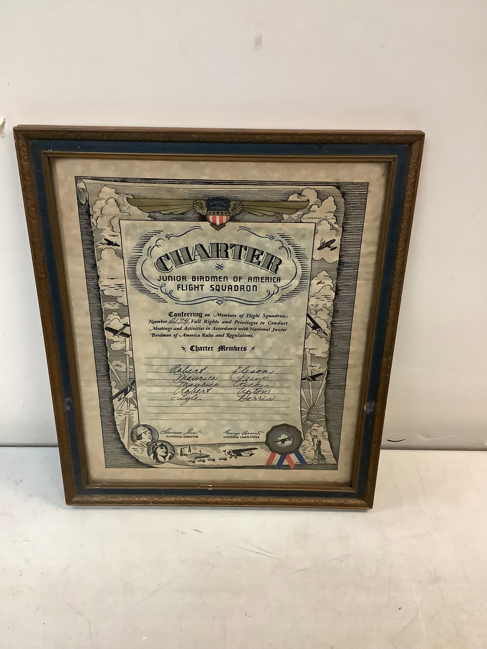 Framed Numbered 2174 Charter Junior Birdmen Of America Flight Squadron 13.5x11.25: Framed Numbered 2174 Charter Junior Birdmen Of America Flight Squadron 13.5x11.25