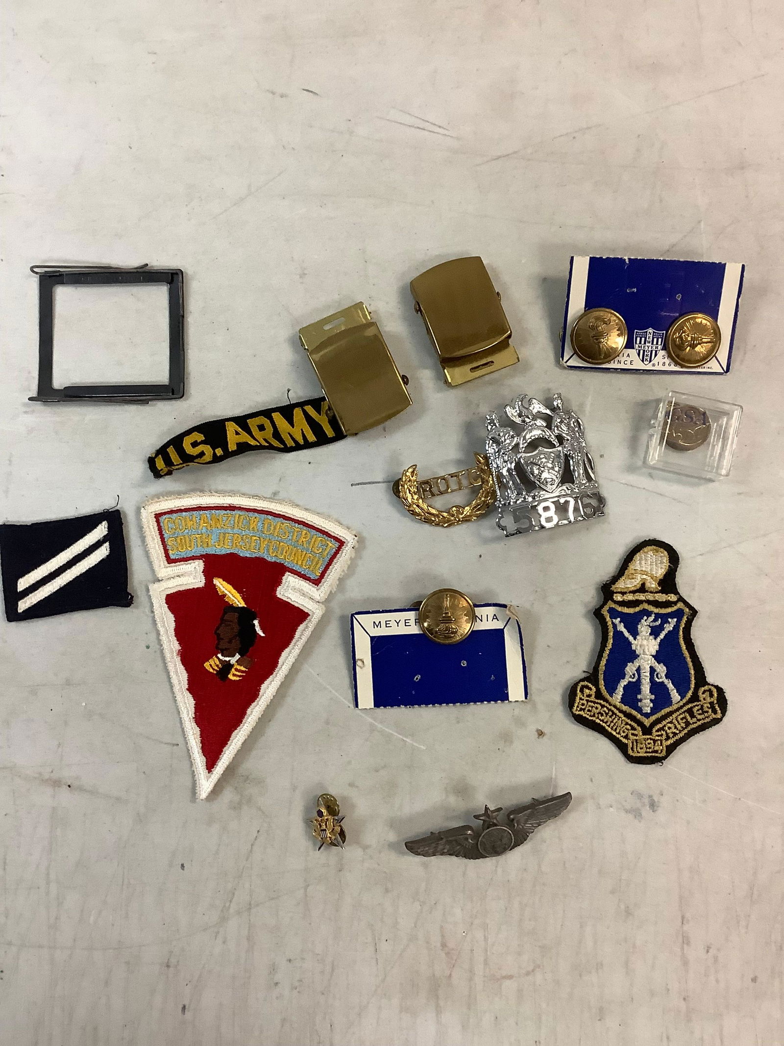 Lot of military belt buckles, patches, pins and more (1 of 1)