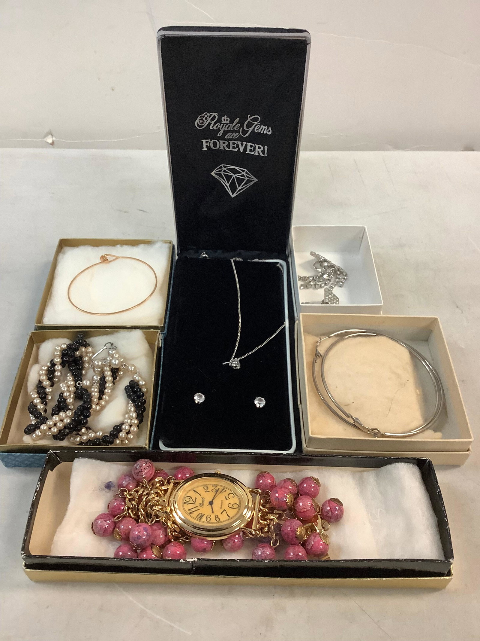 Royale Gems are Forever earring and necklace set, pearl quartz watch, etc: Royale Gems are Forever earring and necklace set, pearl quartz watch, etc