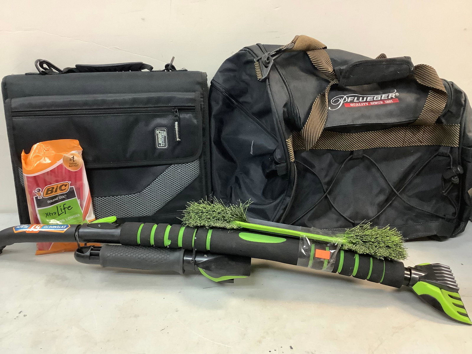 Tech Gear bag, PFlueger bag, red BIC pens, car window scraper (extendable): Tech Gear bag, PFlueger bag, red BIC pens, car window scraper (extendable)