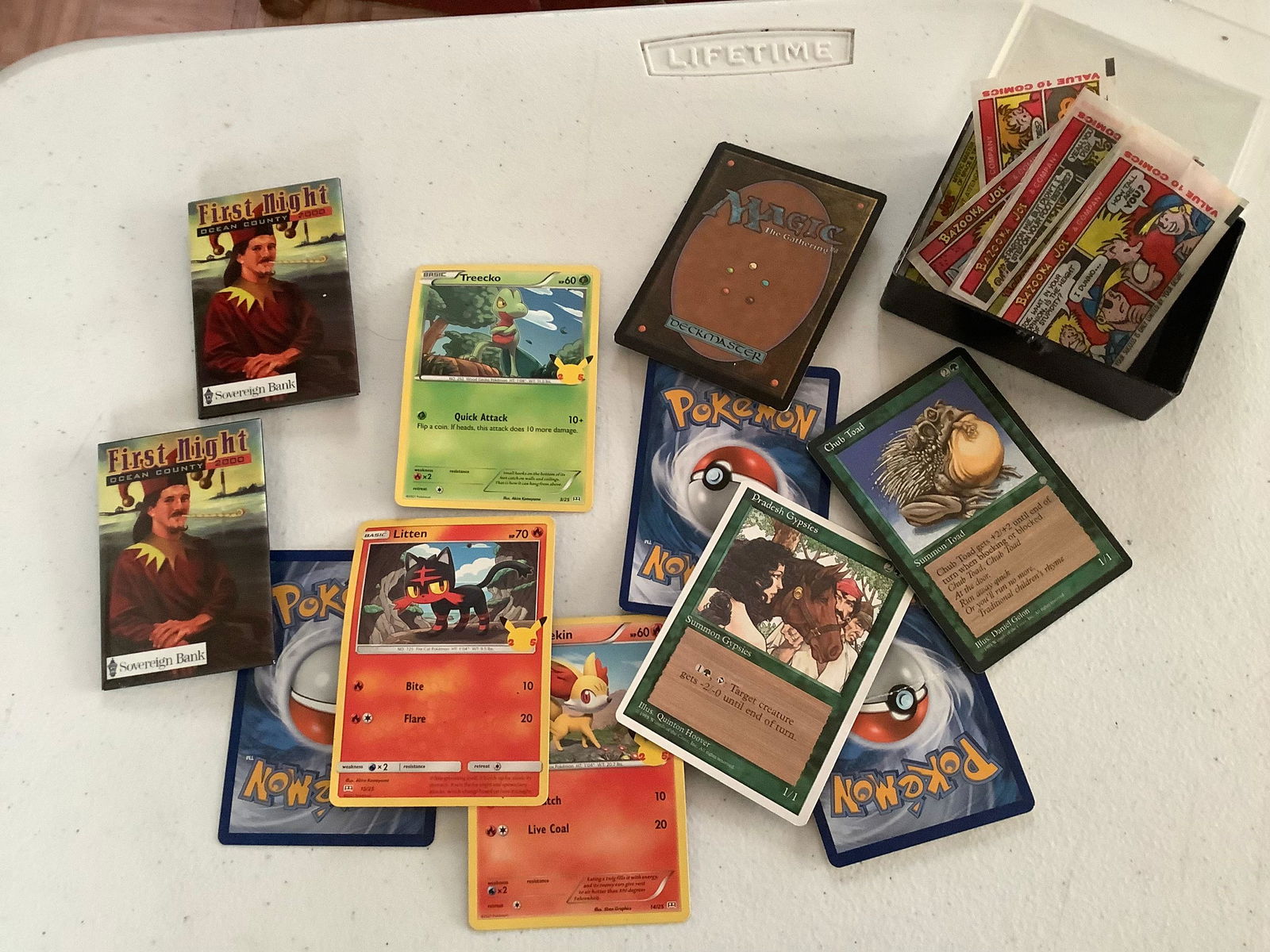 Lot of Pokemon & Magic The Gathering Cards, Bazooka Joe Comics and Sovereign Bank First Night Pins (1 of 1)