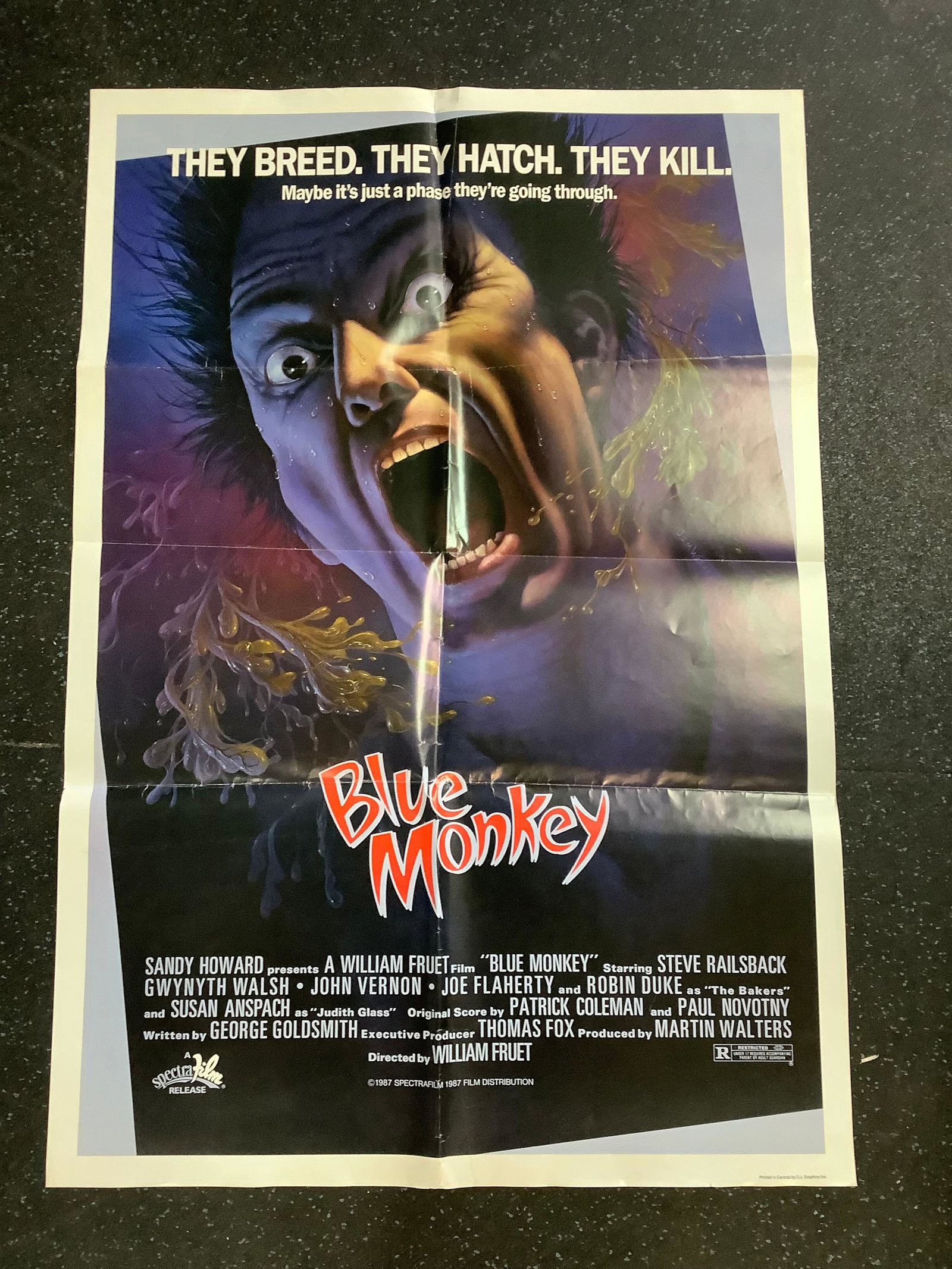 1987 BLUE MONKEY movie poster 39x27: 1987 BLUE MONKEY movie poster 39x27