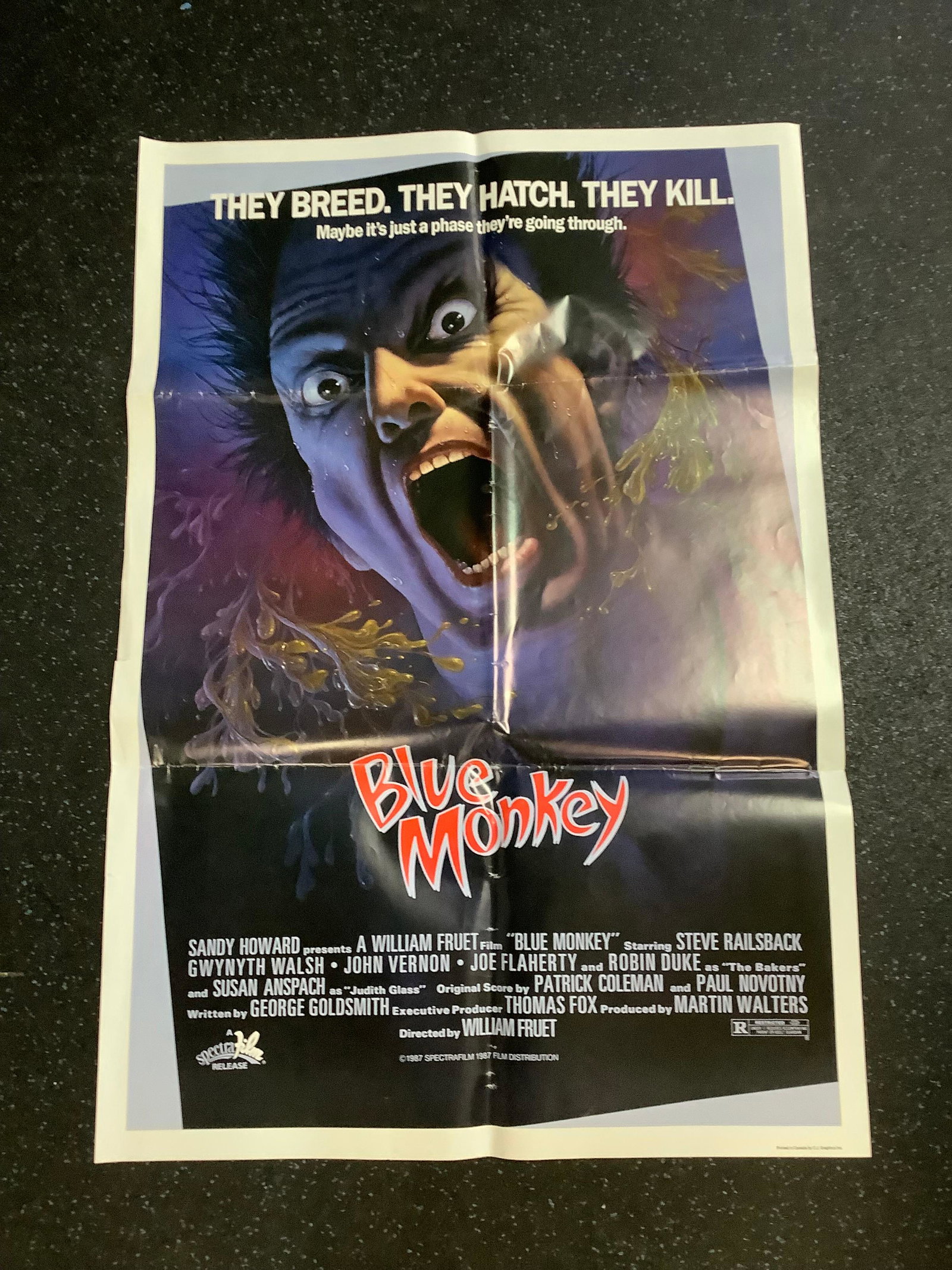 1987 BLUE MONKEY movie poster 39x27: 1987 BLUE MONKEY movie poster 39x27
