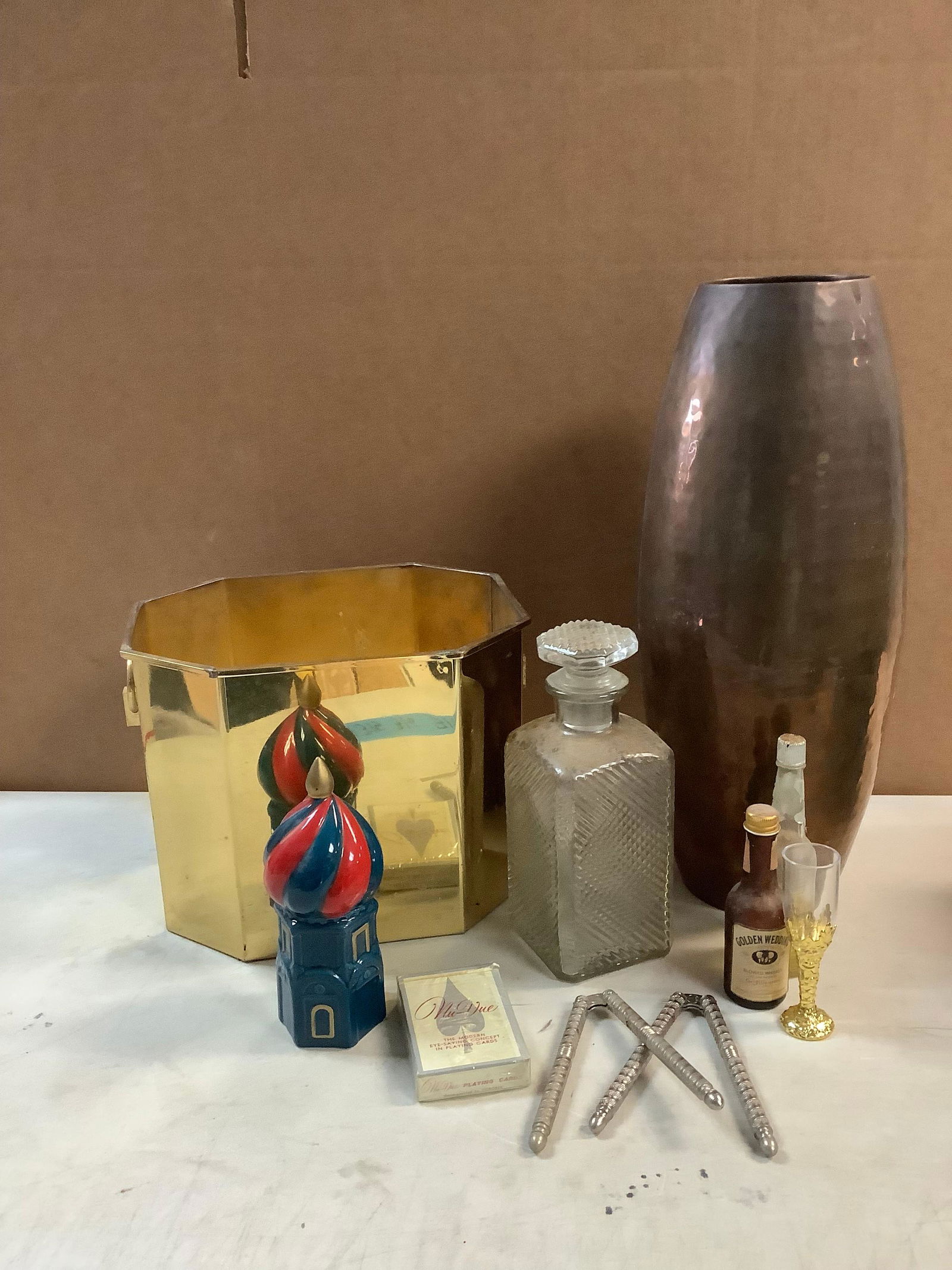 Lot of Copper Vase and Bucket, Glass Decanter, Vintage Flight Bottles, Nut Crackers and More Tallest (1 of 1)