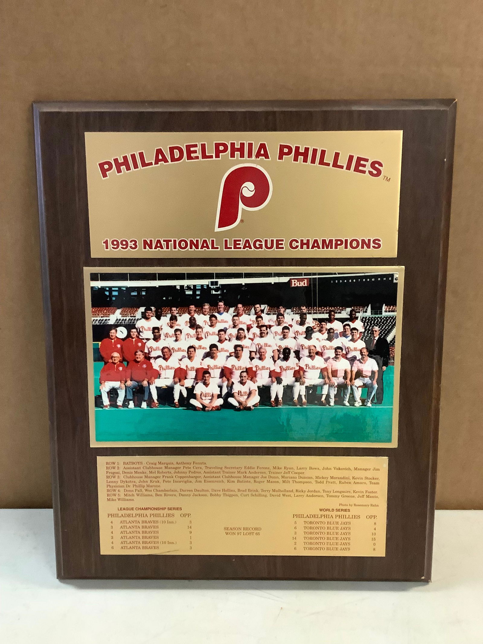 1993 PHILADELPHIA PHILLIES NATIONAL LEAGUE CHAMPIONS plaque 16x13 (1 of 1)