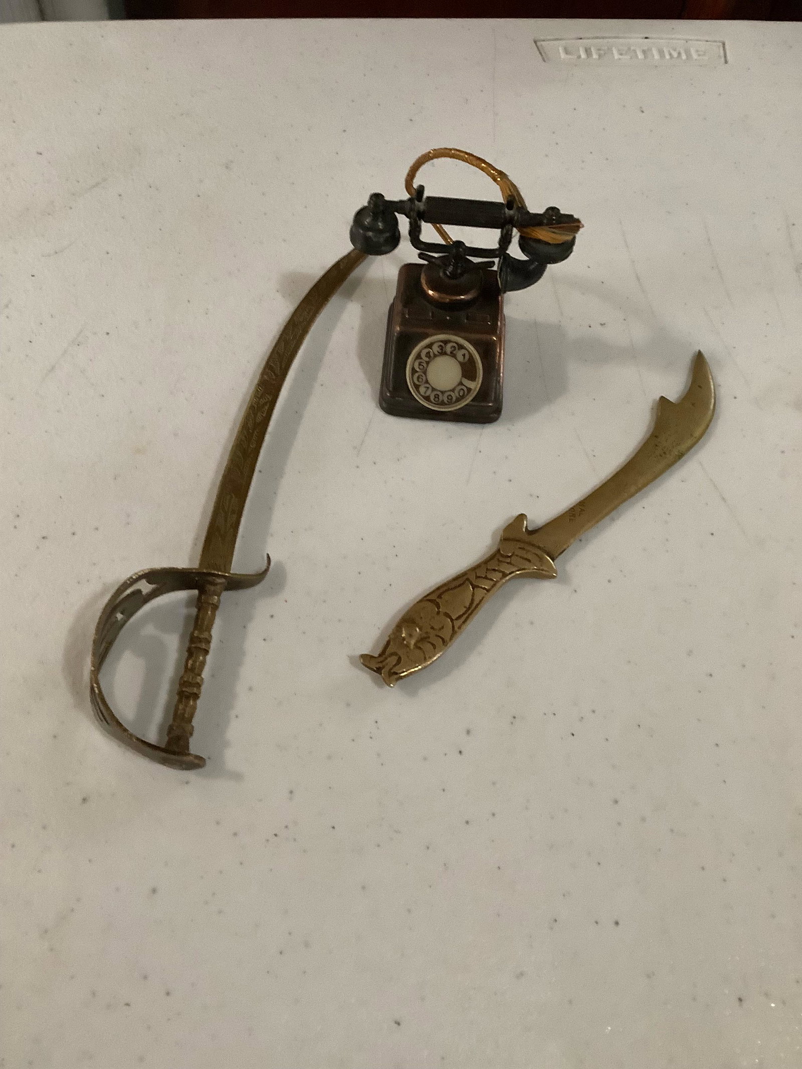 Durham Industries Miniature Telephone and 2 Brass Letter Openers: Durham Industries Miniature Telephone and 2 Brass Letter Openers