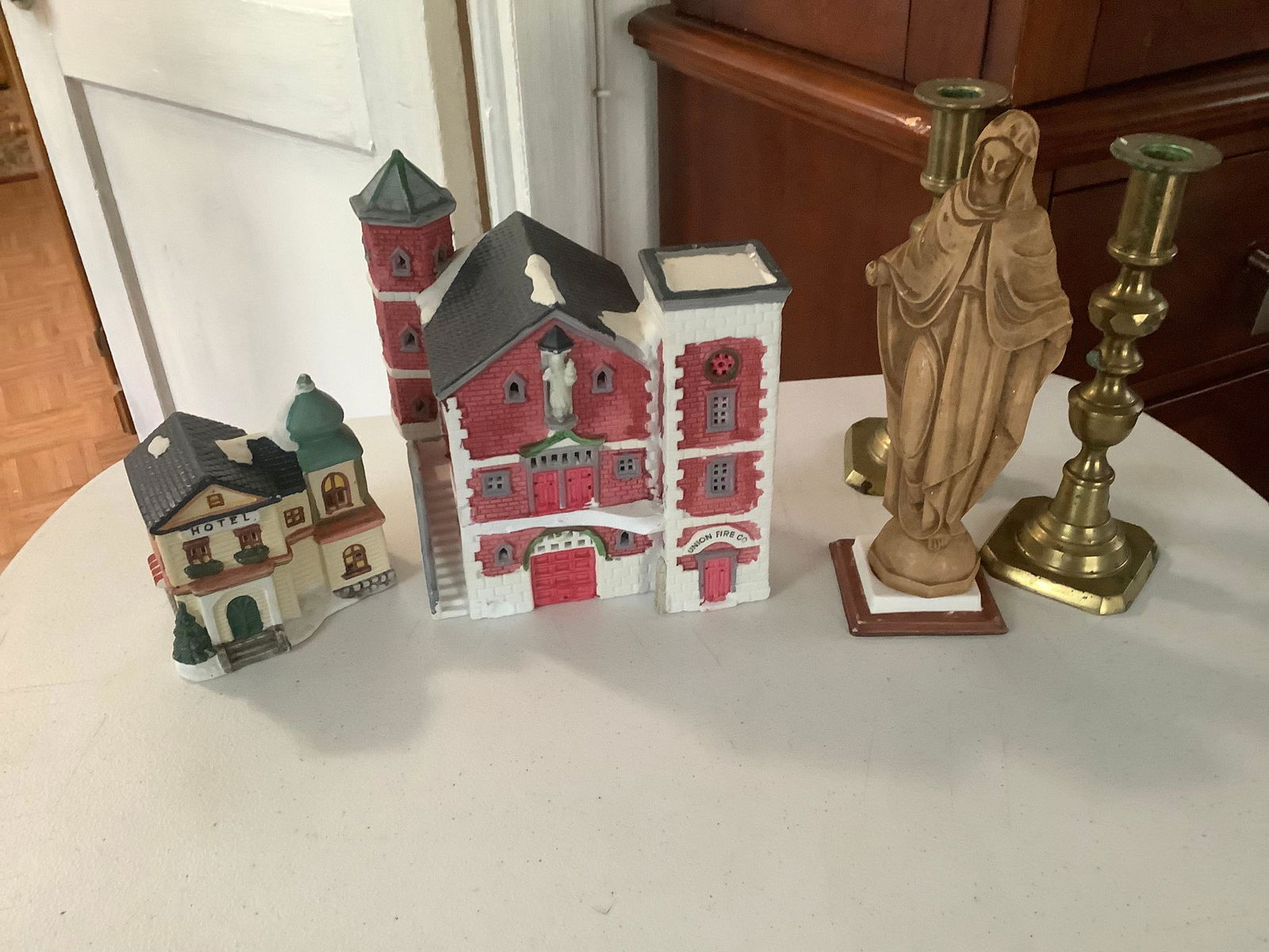 Vintage Brass Candle Holders, 1993 Lamax Ceramic Firehouse & Hotel and Resin Religous Statue Tallest (1 of 1)