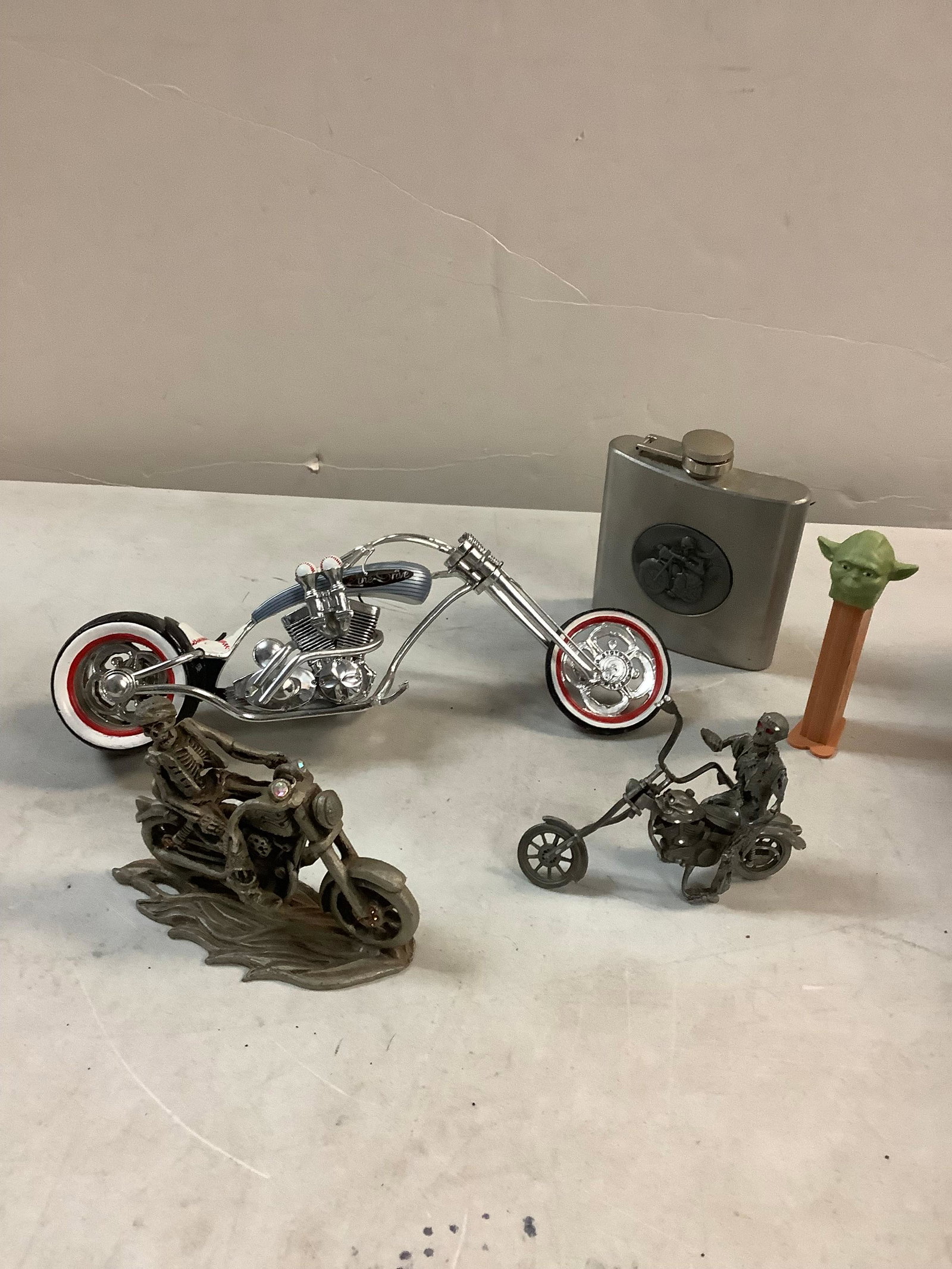 Lot of Pewter Skelton Riding Motorcyles, Chopper Toy Bike, Flask and Yoda Pez Dispenser (1 of 1)