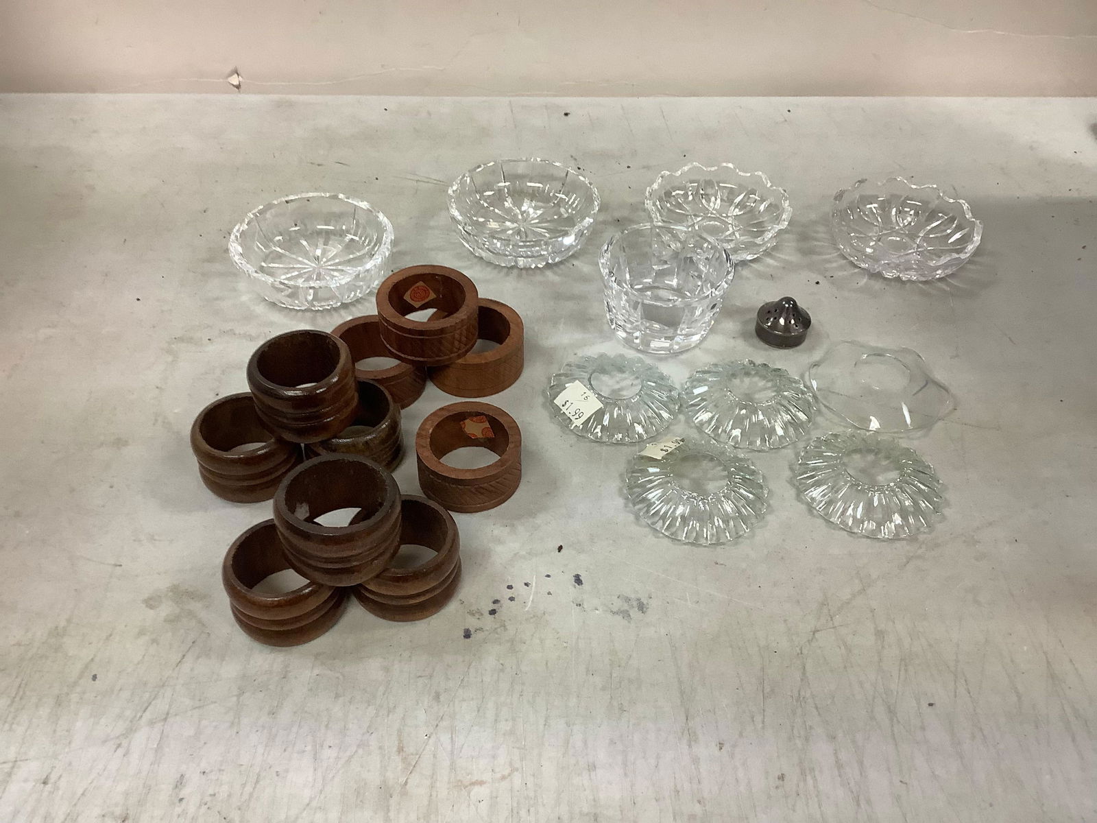 Lot of wood napkin rings, WATERFORD and more crystal: Lot of wood napkin rings, WATERFORD and more crystal
