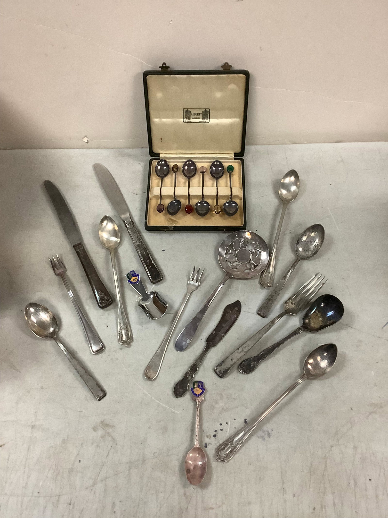 Lot of Liberty london spoons in case, some sterrling and more spoons and knives: Lot of Liberty london spoons in case, some sterrling and more spoons and knives