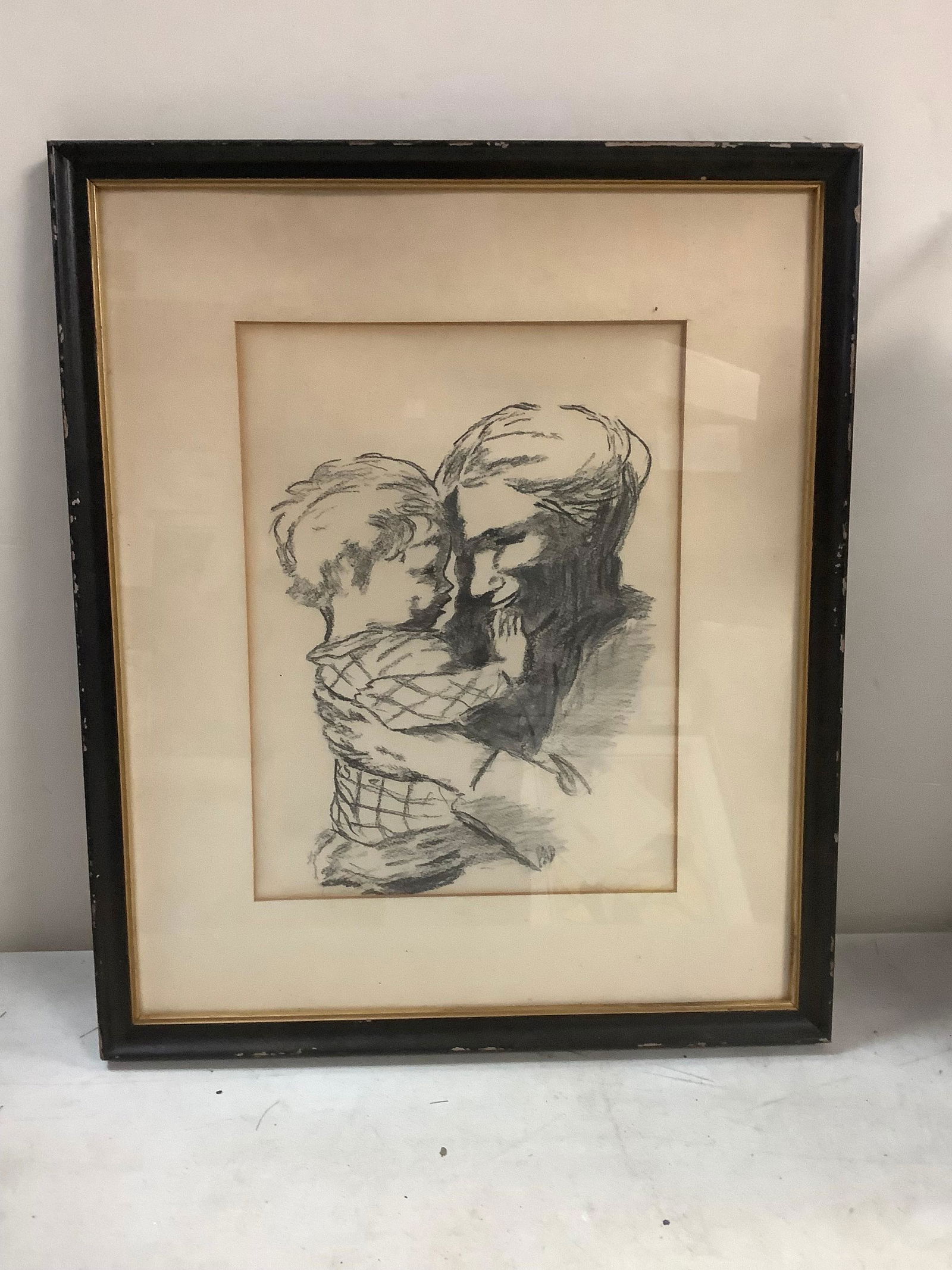 Framed Mother and child sketch drawing pencil signed 17.5x15 (1 of 1)