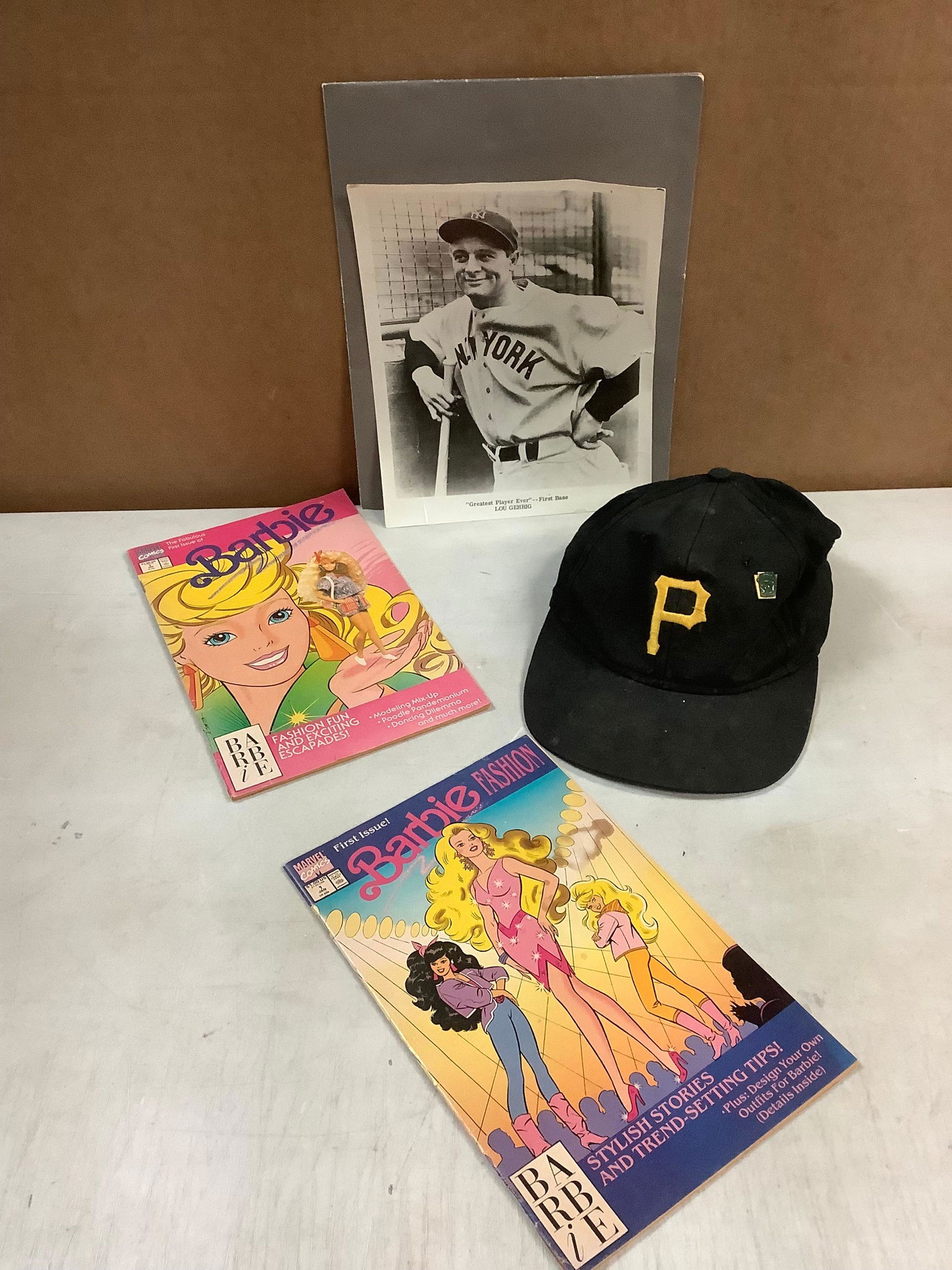 Lot of GREATEST PLAYER EVER black and white photo, First issue MARVEL BARBIE and baseball cap (1 of 1)