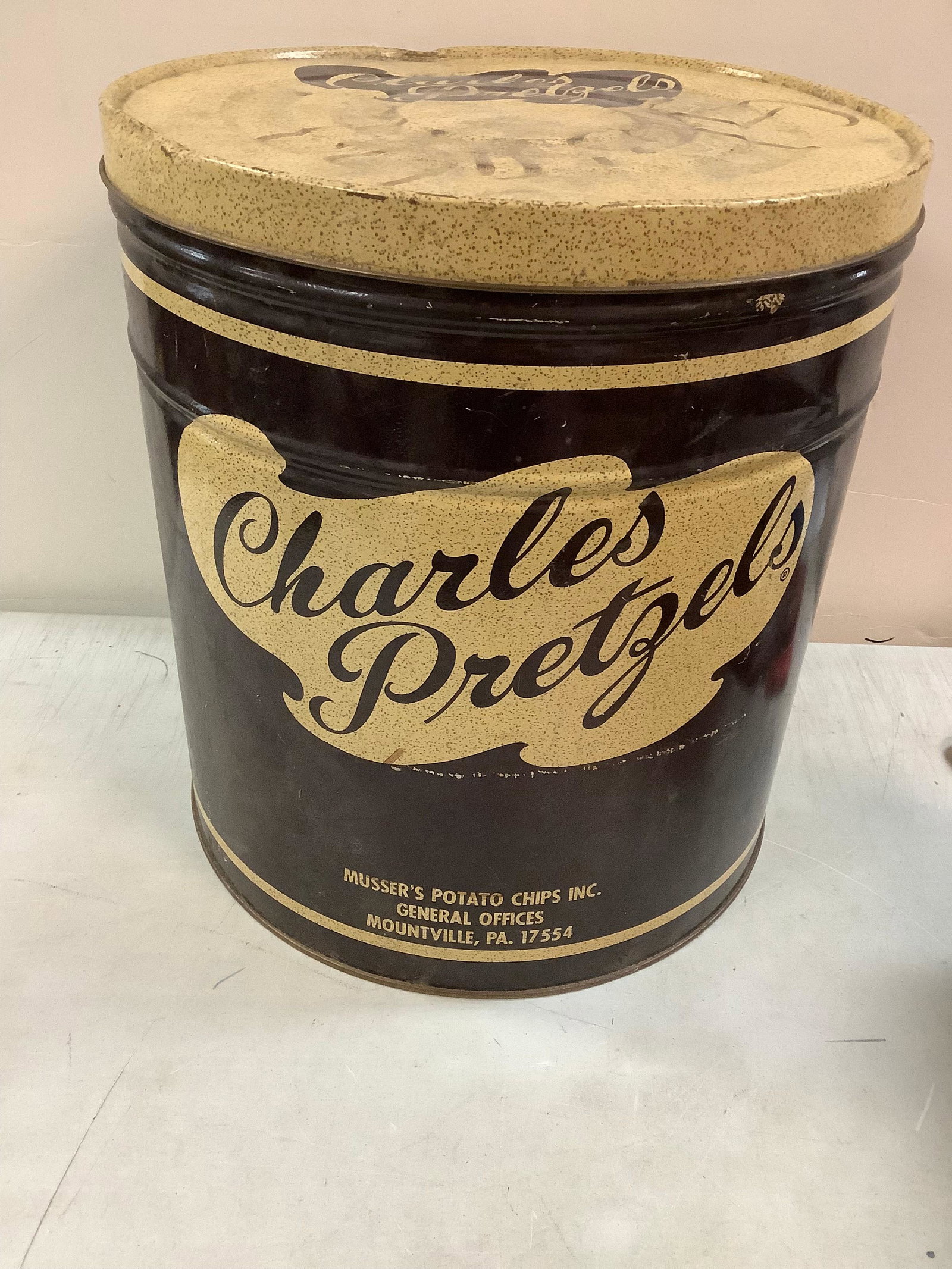 Charles' pretzels metal tin can 14in.tall: Charles' pretzels metal tin can 14in.tall