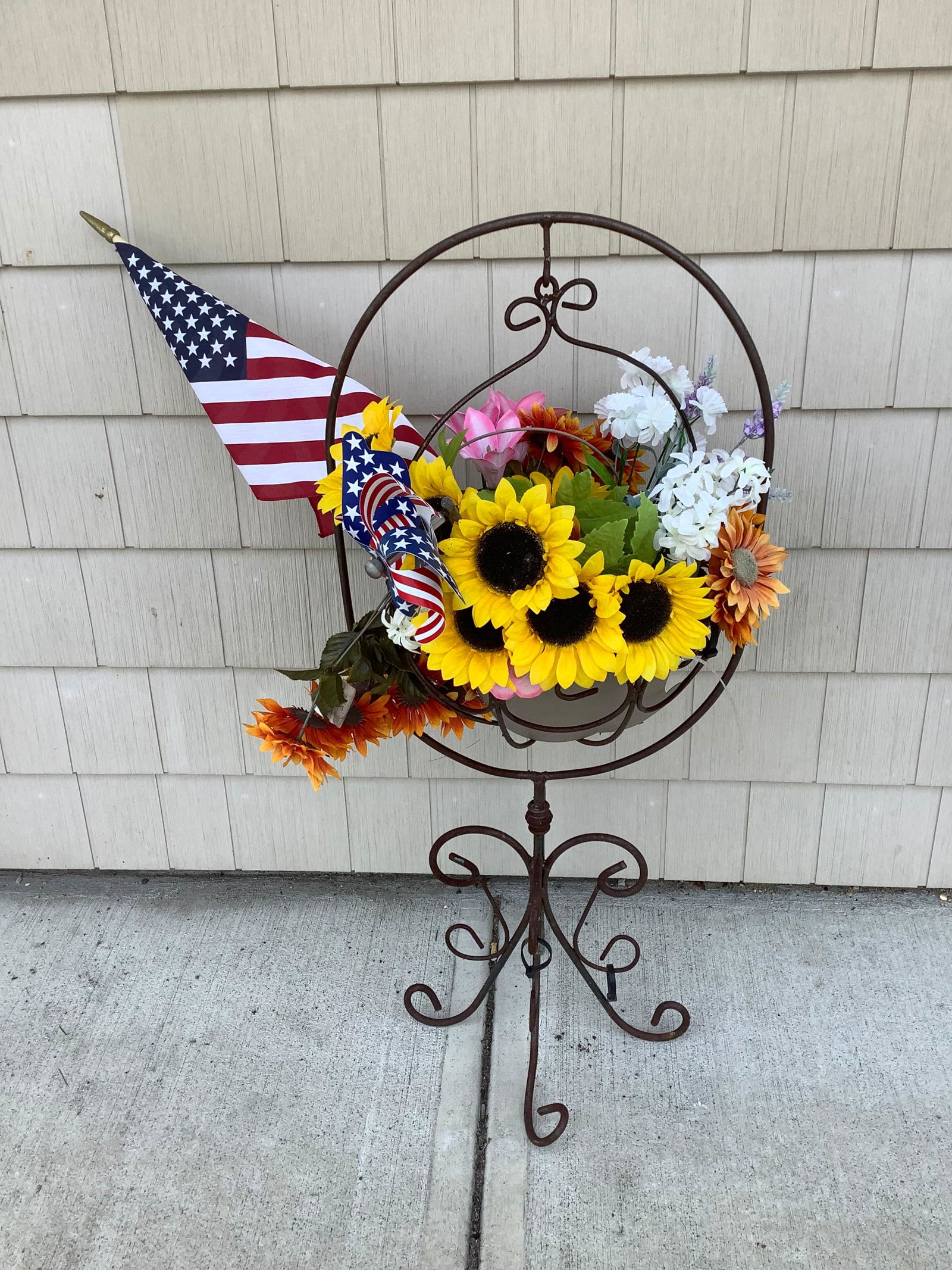 Standing Metal Swinging Flower Basket With Flags 42'' Tall (1 of 1)