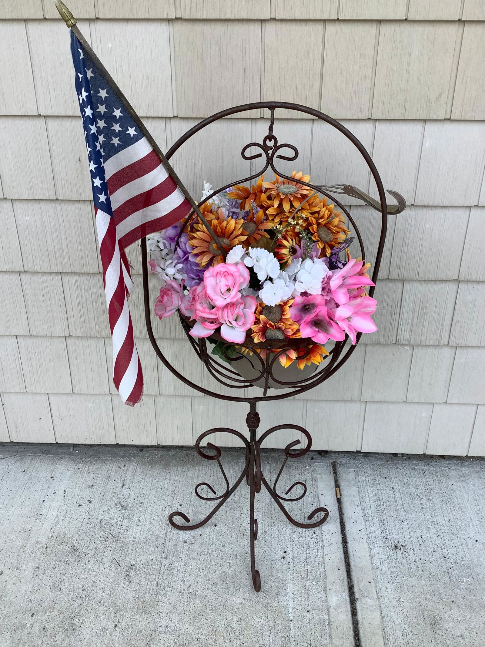 Standing Metal Swinging Flower Basket With Flags 42'' Tall (1 of 1)