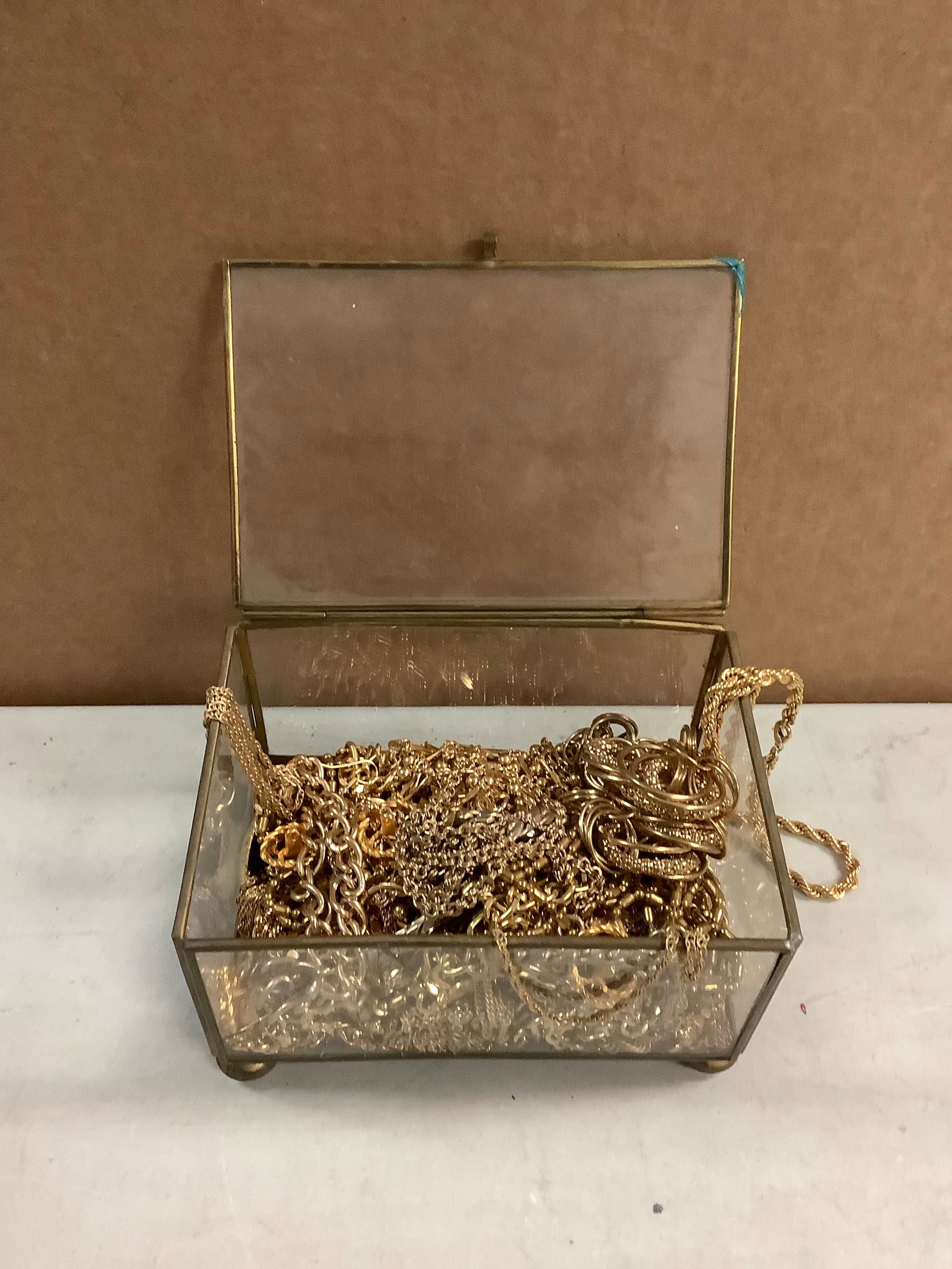 Glass Jewelry Box with Gold Tone Jewelry: Glass Jewelry Box with Gold Tone Jewelry