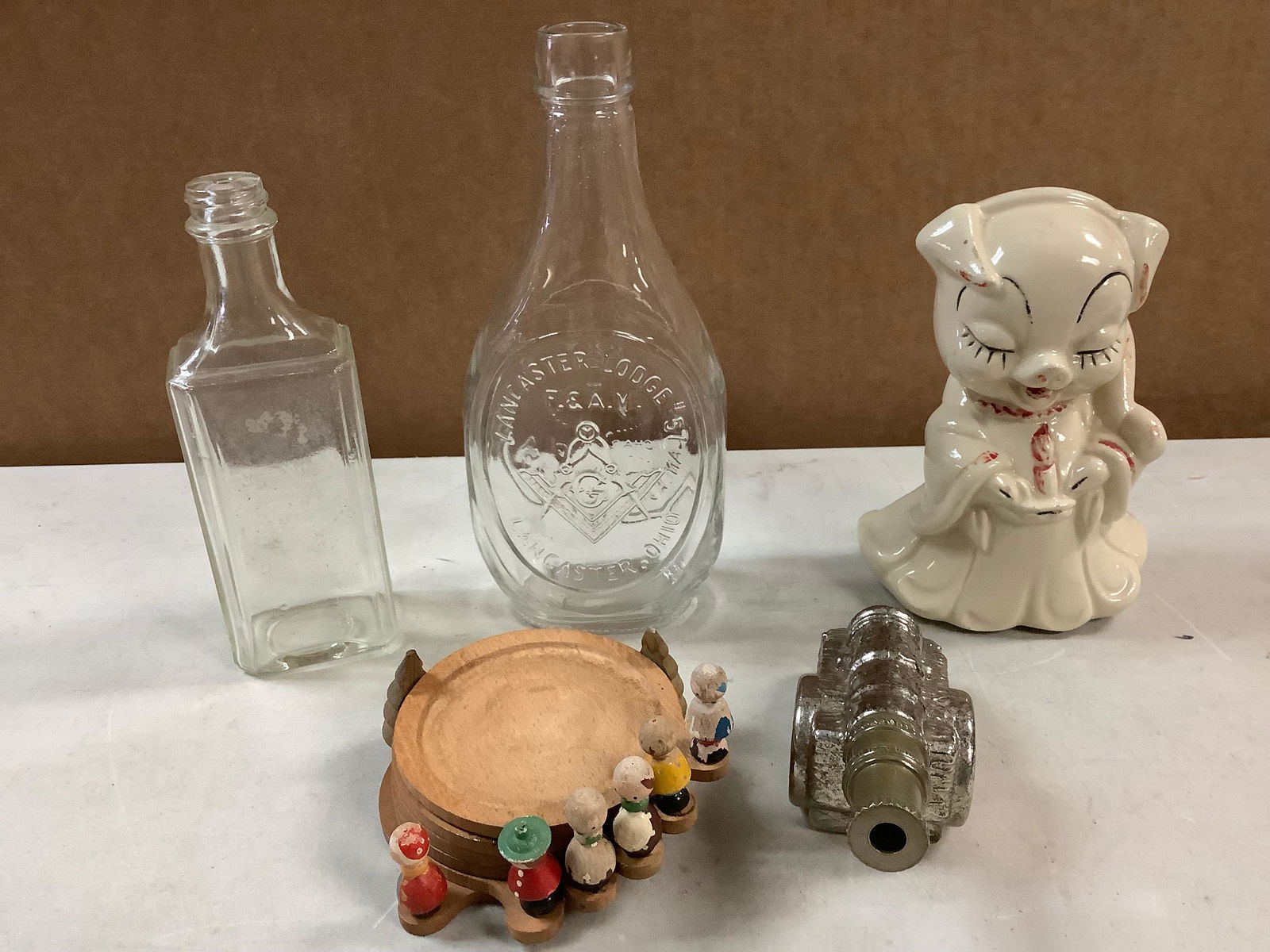 Lot of wooden coasters, vintage glass bottles and more: Lot of wooden coasters, vintage glass bottles and more