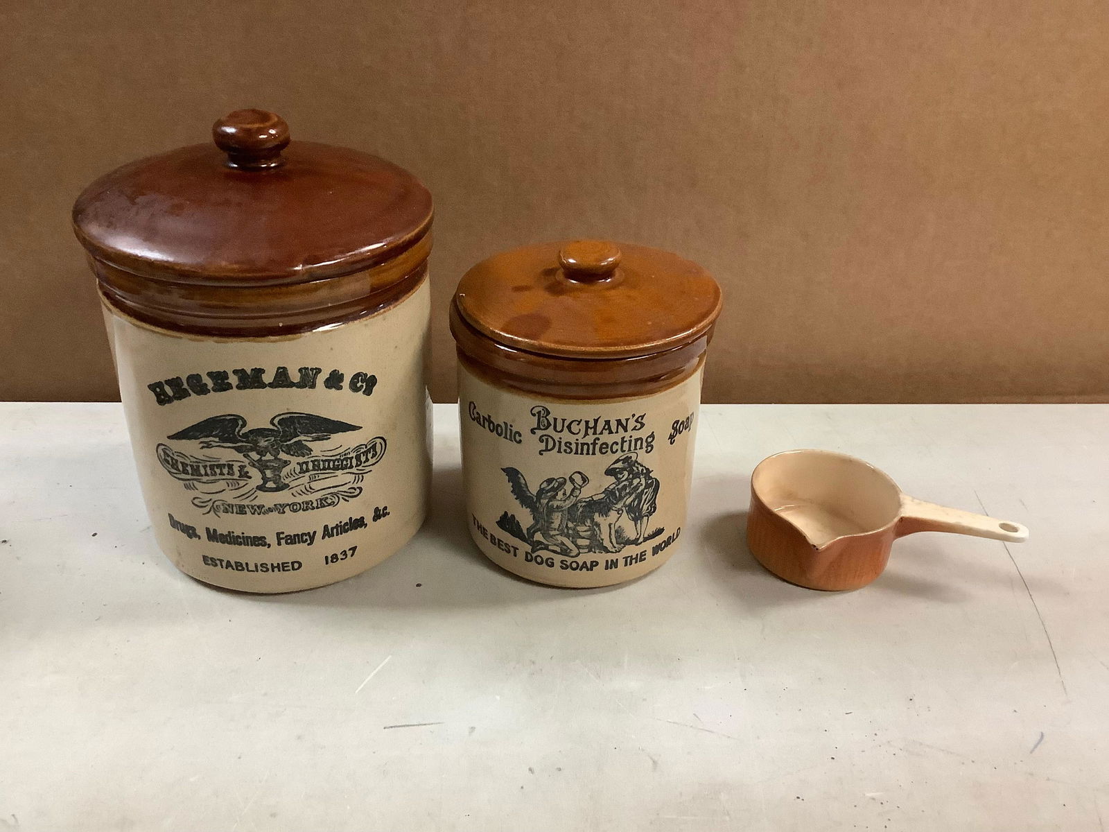 Lot of HENGEMAN & CO ceramic jar with lid, BUCHAN'S jar with lid and measuring cup (1 of 1)
