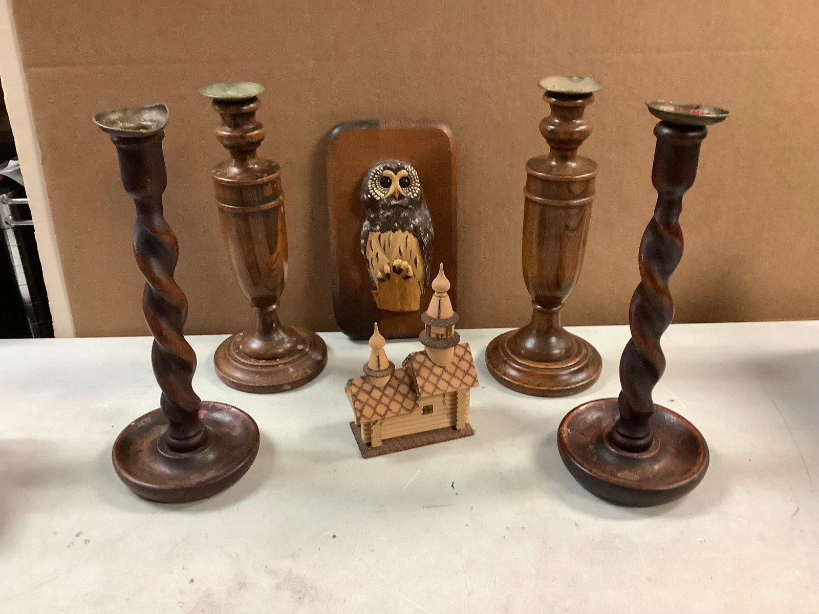 Lot of Wood standing candle holders, wood Barred owl hanging wall decoration and small wood church: Lot of Wood standing candle holders, wood Barred owl hanging wall decoration and small wood church 12in tallest