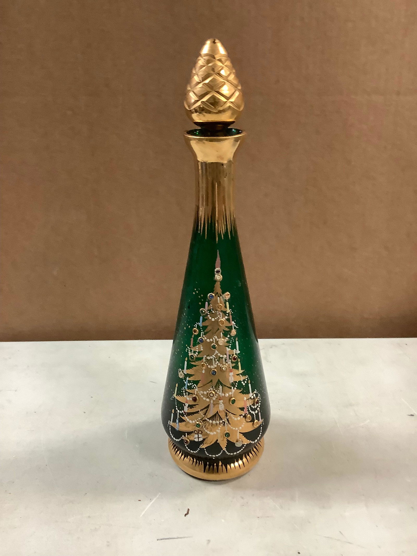 Green glass handpainted decanter 14in tall (1 of 1)