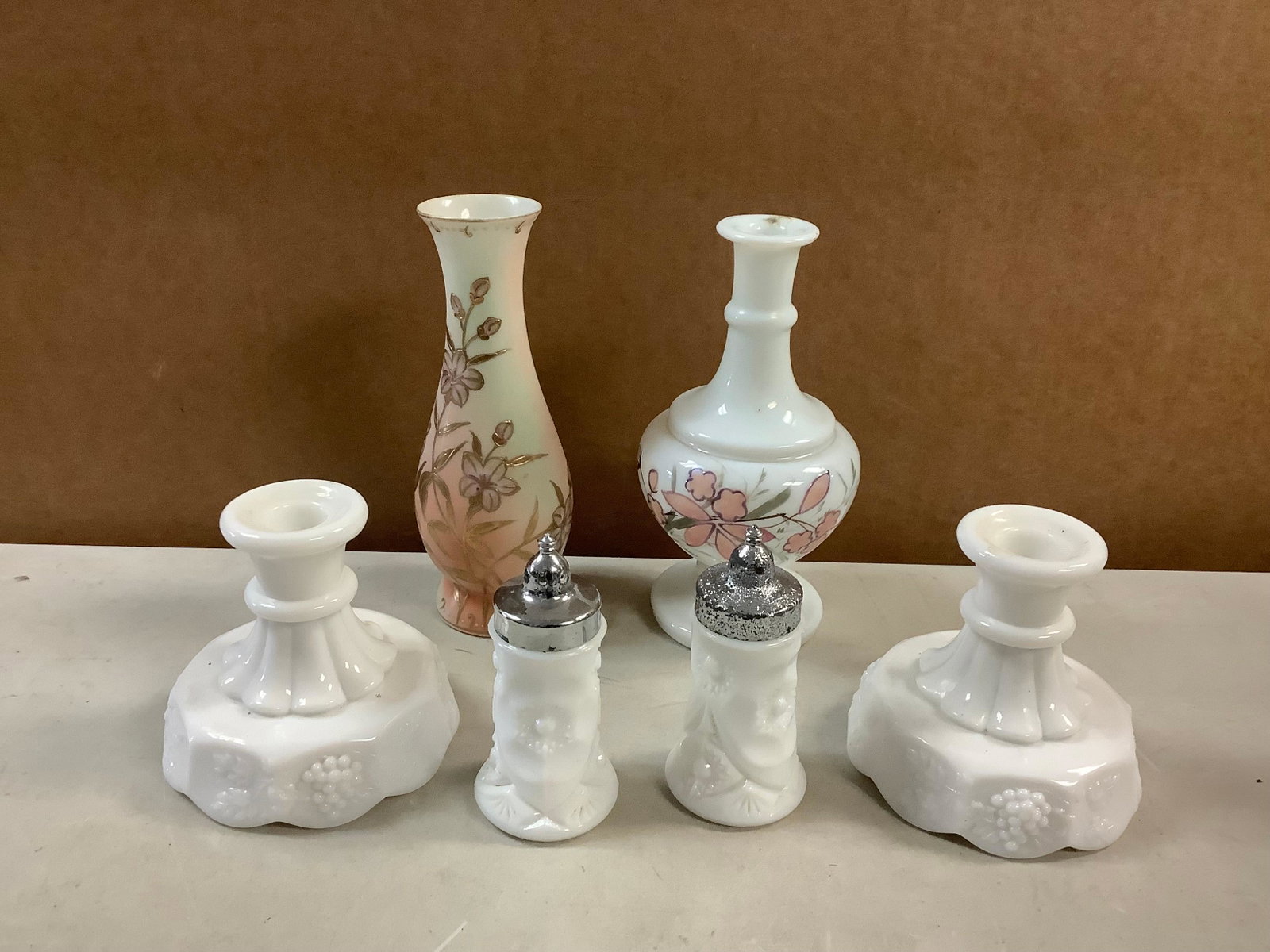 Lot of milk glass salt n pepper shakers, milk glass candle holders and more 7.5in tallest: Lot of milk glass salt n pepper shakers, milk glass candle holders and more 7.5in tallest
