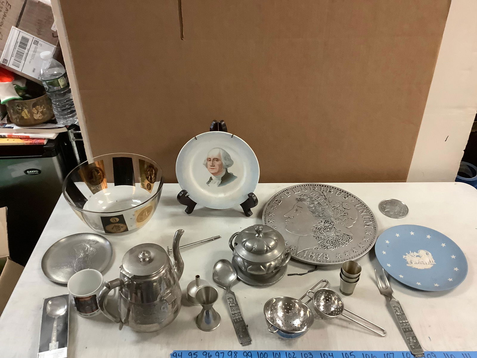 Lot of Wedgwood plate, Metal Tea Kettle, Metal Collectable Coin Tray, Metal Shot Glasses, Metal (1 of 1)