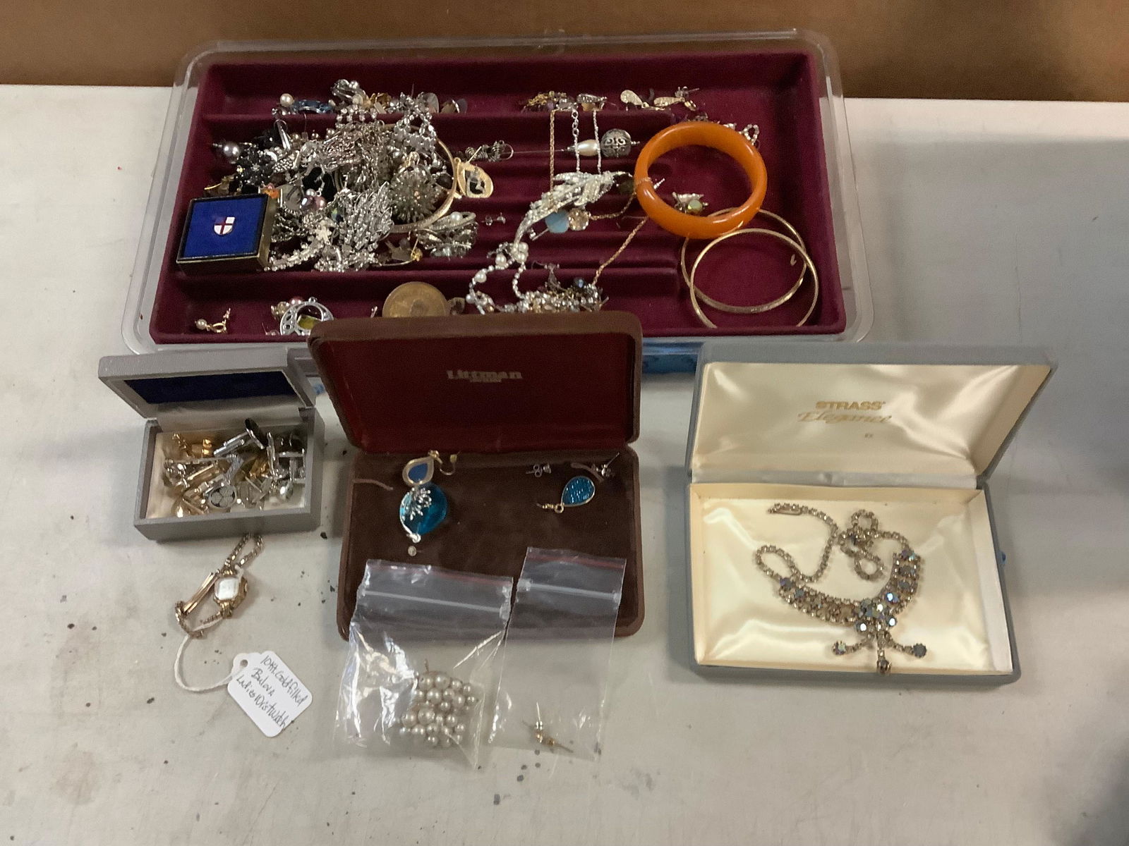 Lot of Costume Jewelry, cufflings, 10 kt. Goldfilled Bulova Ladies Wristwatch, and Vintage Necklace: Lot of Costume Jewelry, cufflings, 10 kt. Goldfilled Bulova Ladies Wristwatch, and Vintage Necklace